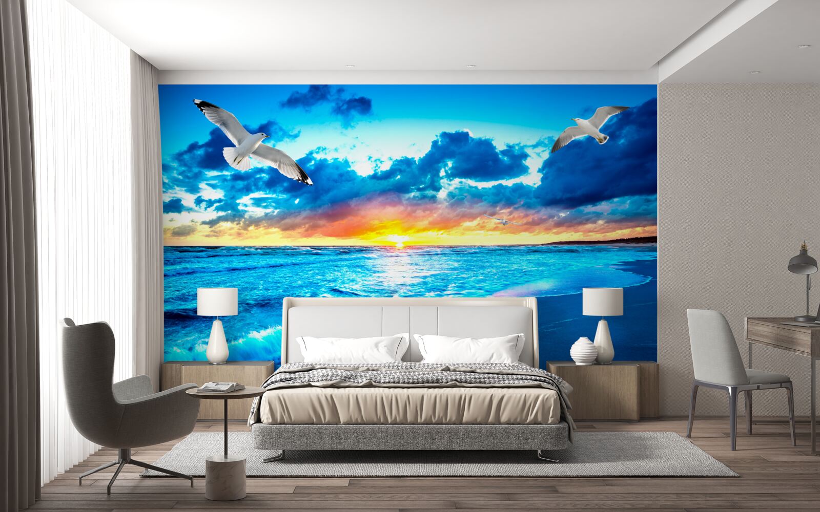 Fototapeta zachód słońca nad morzem i marzycielskimi mewami