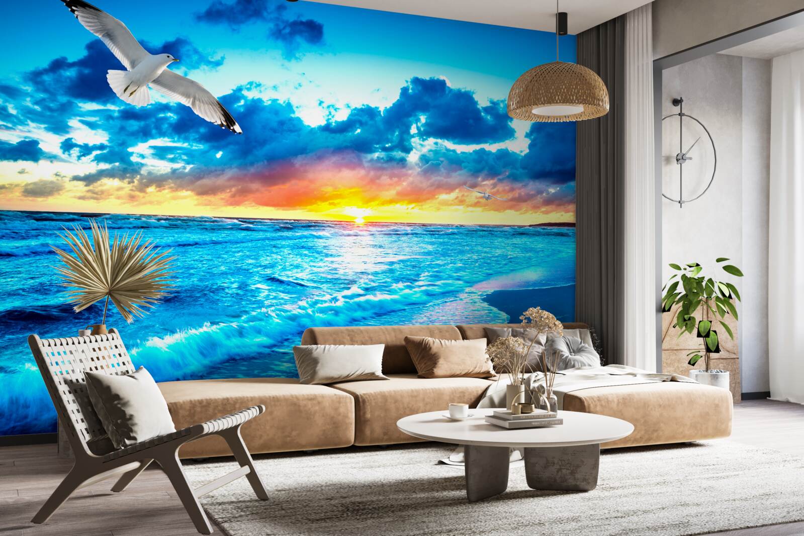 Fototapeta zachód słońca nad morzem i marzycielskimi mewami