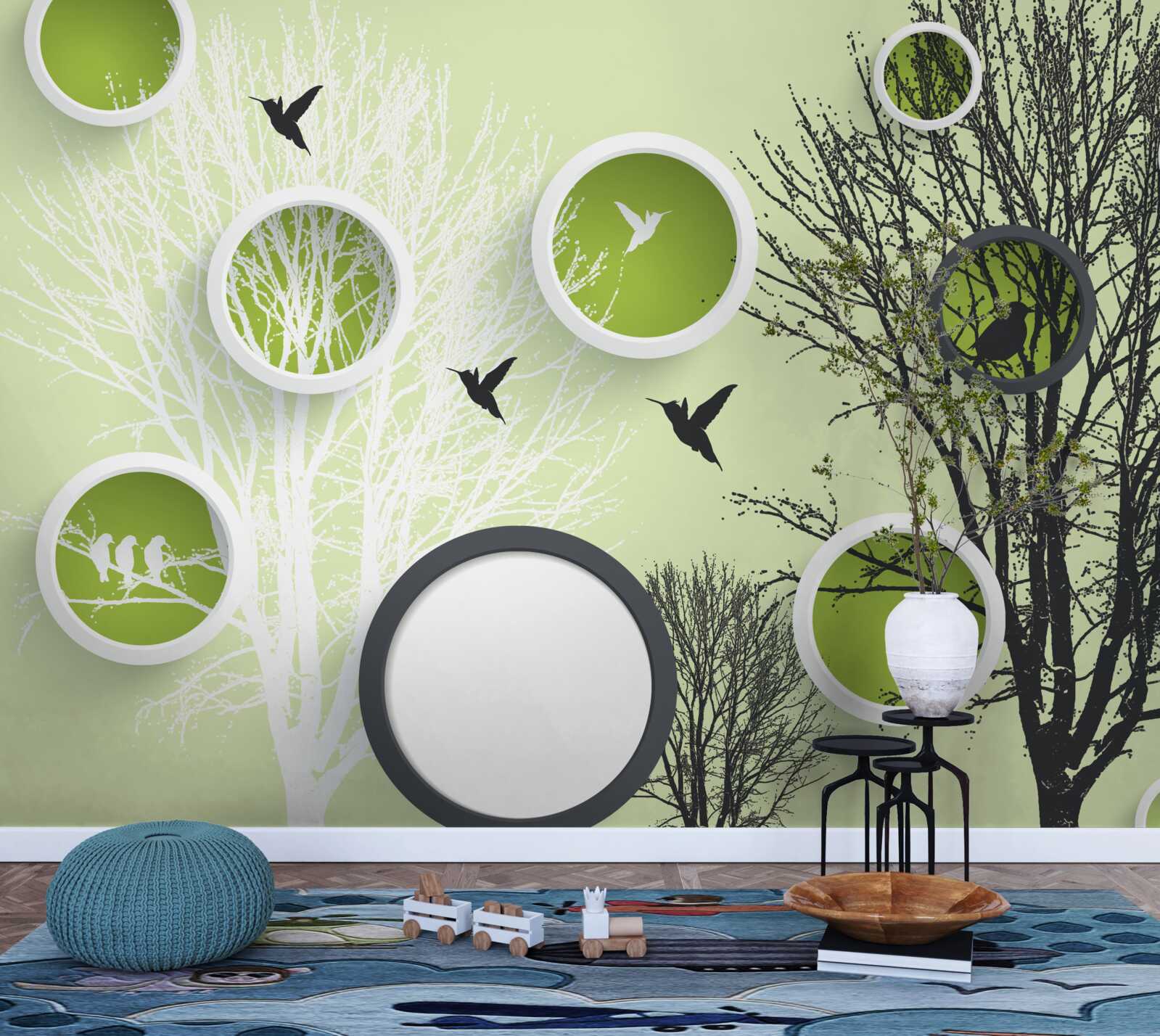 Fototapeta drzewa z ptakami w kolorach czarno-białych