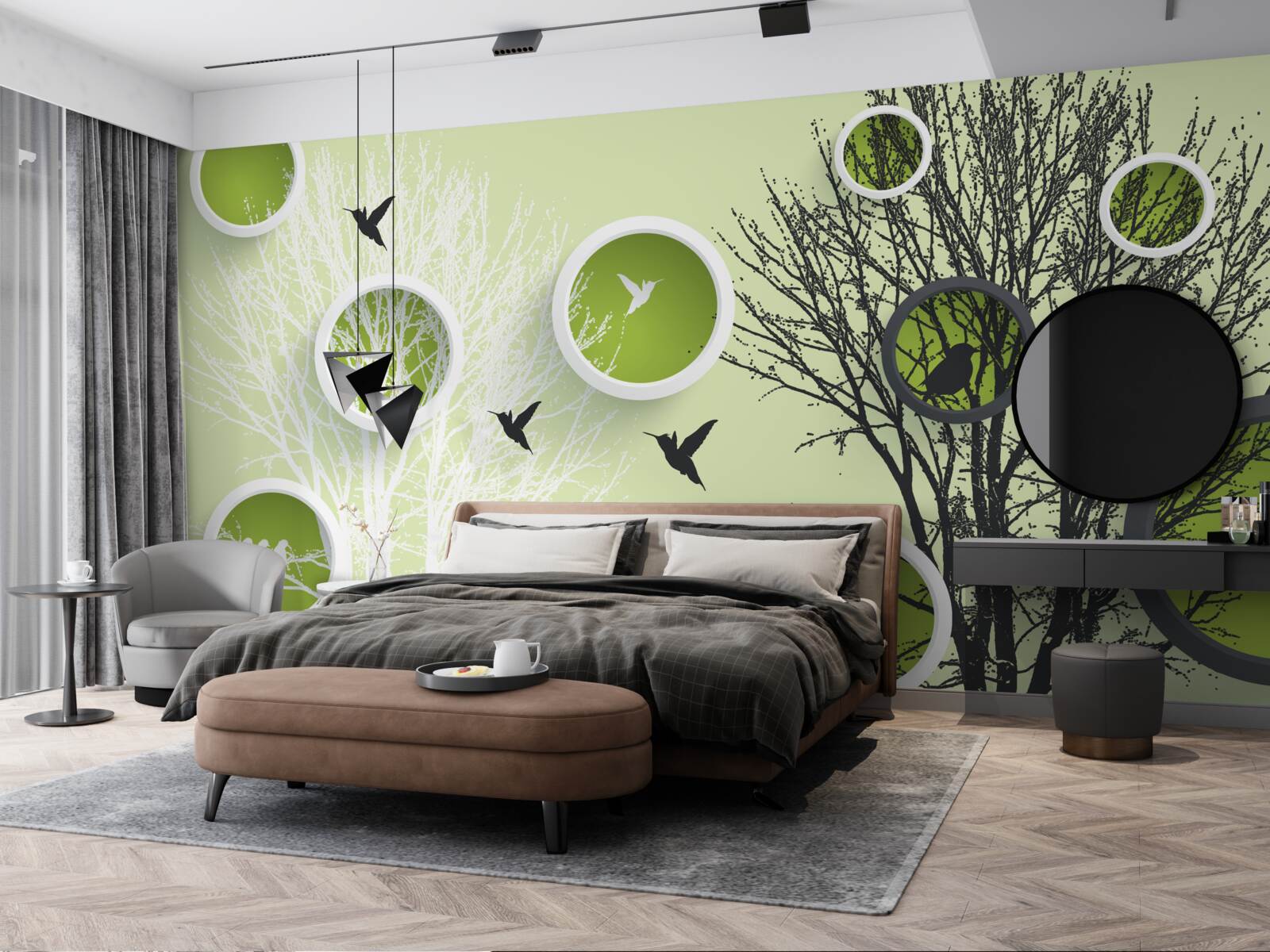 Fototapeta drzewa z ptakami w kolorach czarno-białych