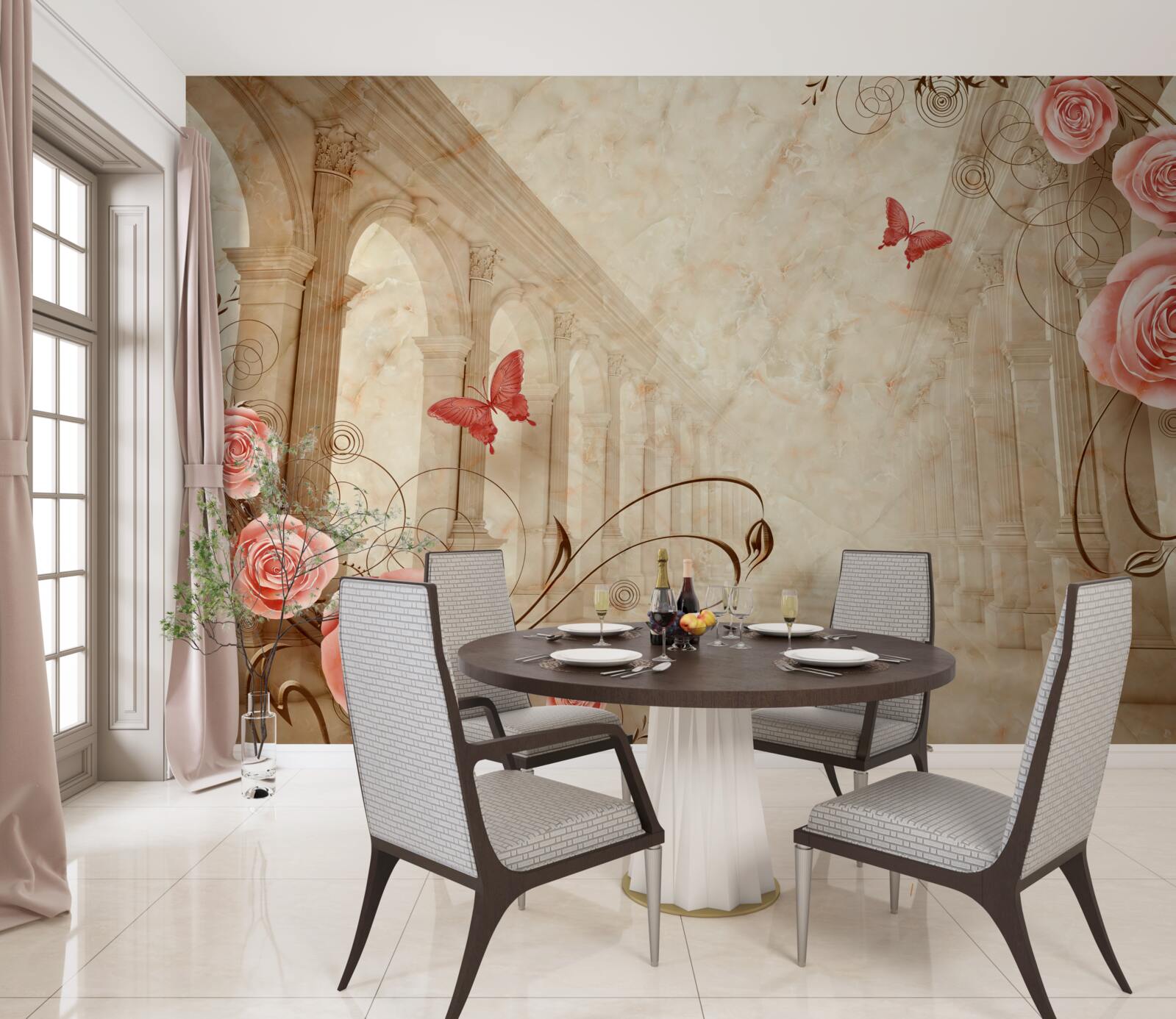 Fototapeta w tle łuków znajdują się motyle i różowe róże