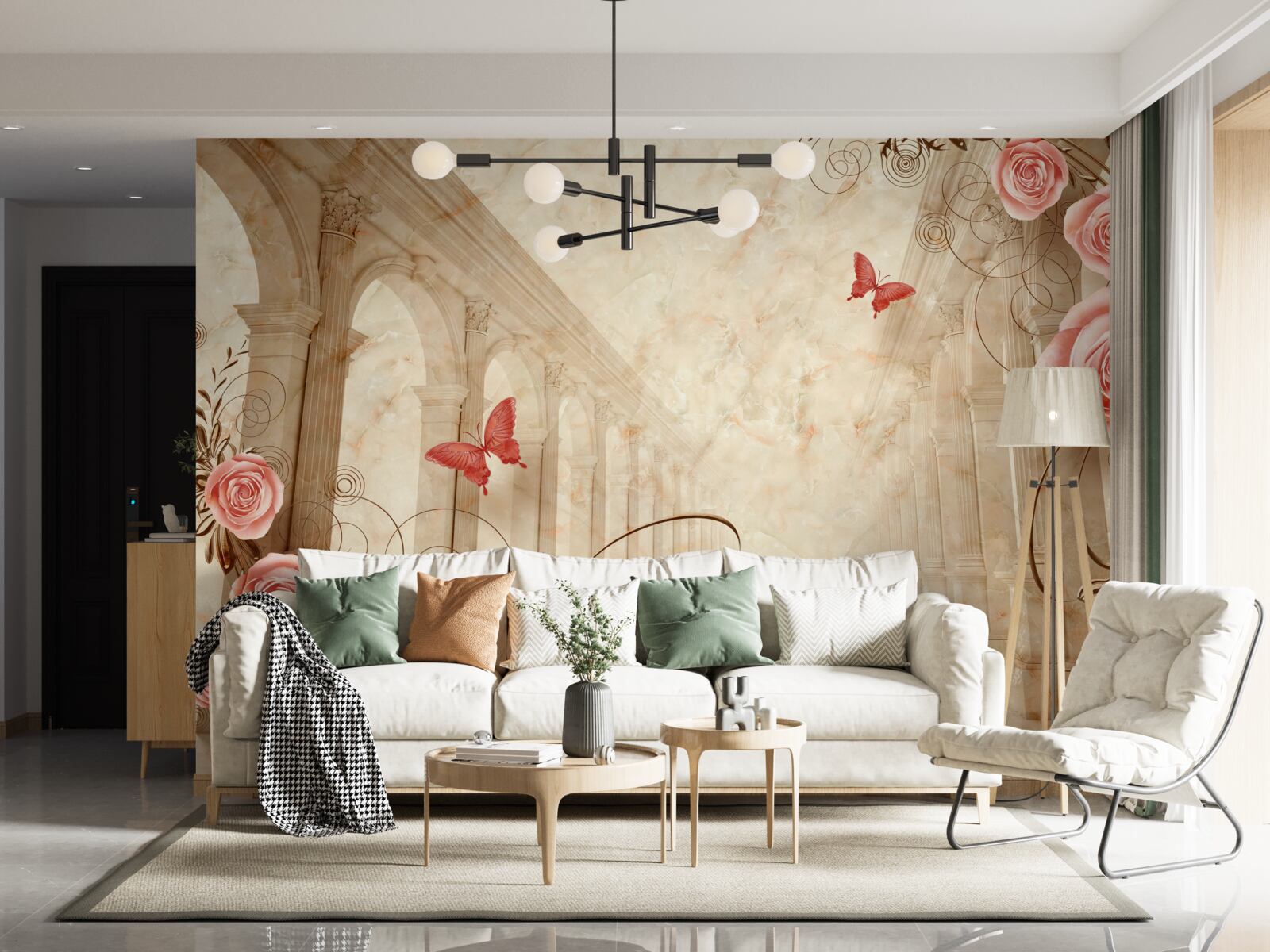 Fototapeta w tle łuków znajdują się motyle i różowe róże