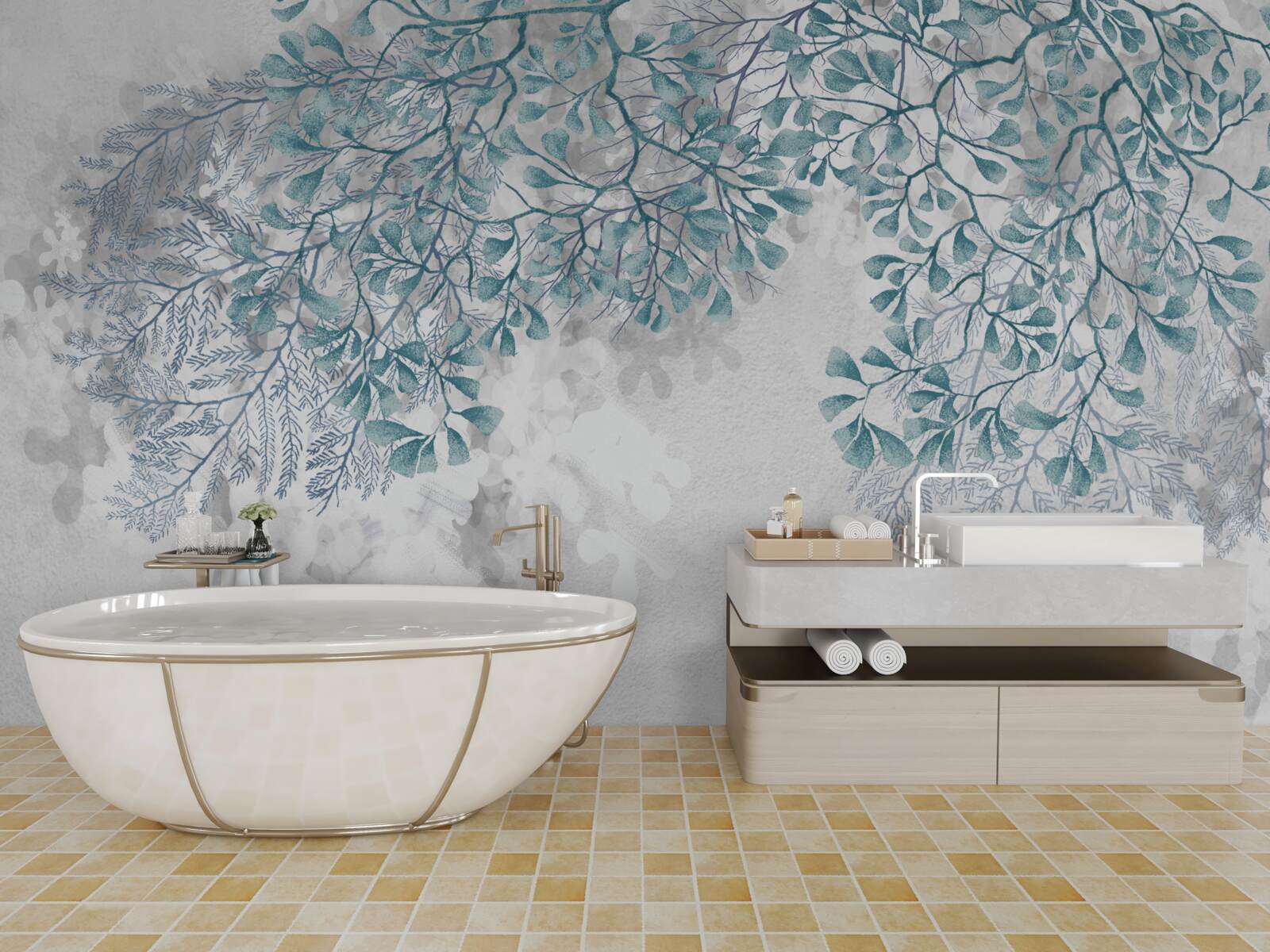 Fototapeta na jasnym tle widoczne są gałęzie z turkusowymi liśćmi