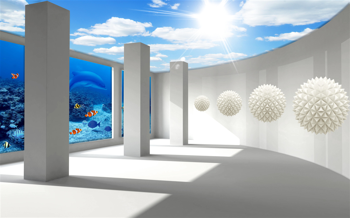 Fototapeta Śnieżnobiałe kule krążą wokół akwarium pod sklepieniem nieba