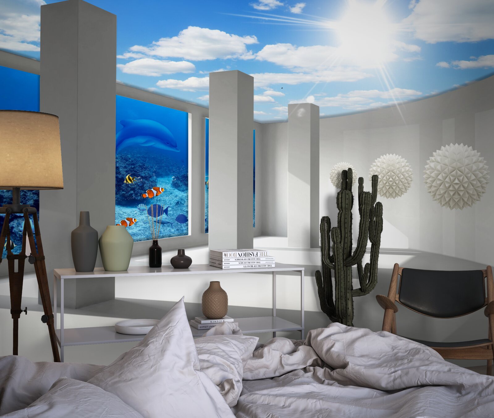 Fototapeta Śnieżnobiałe kule krążą wokół akwarium pod sklepieniem nieba