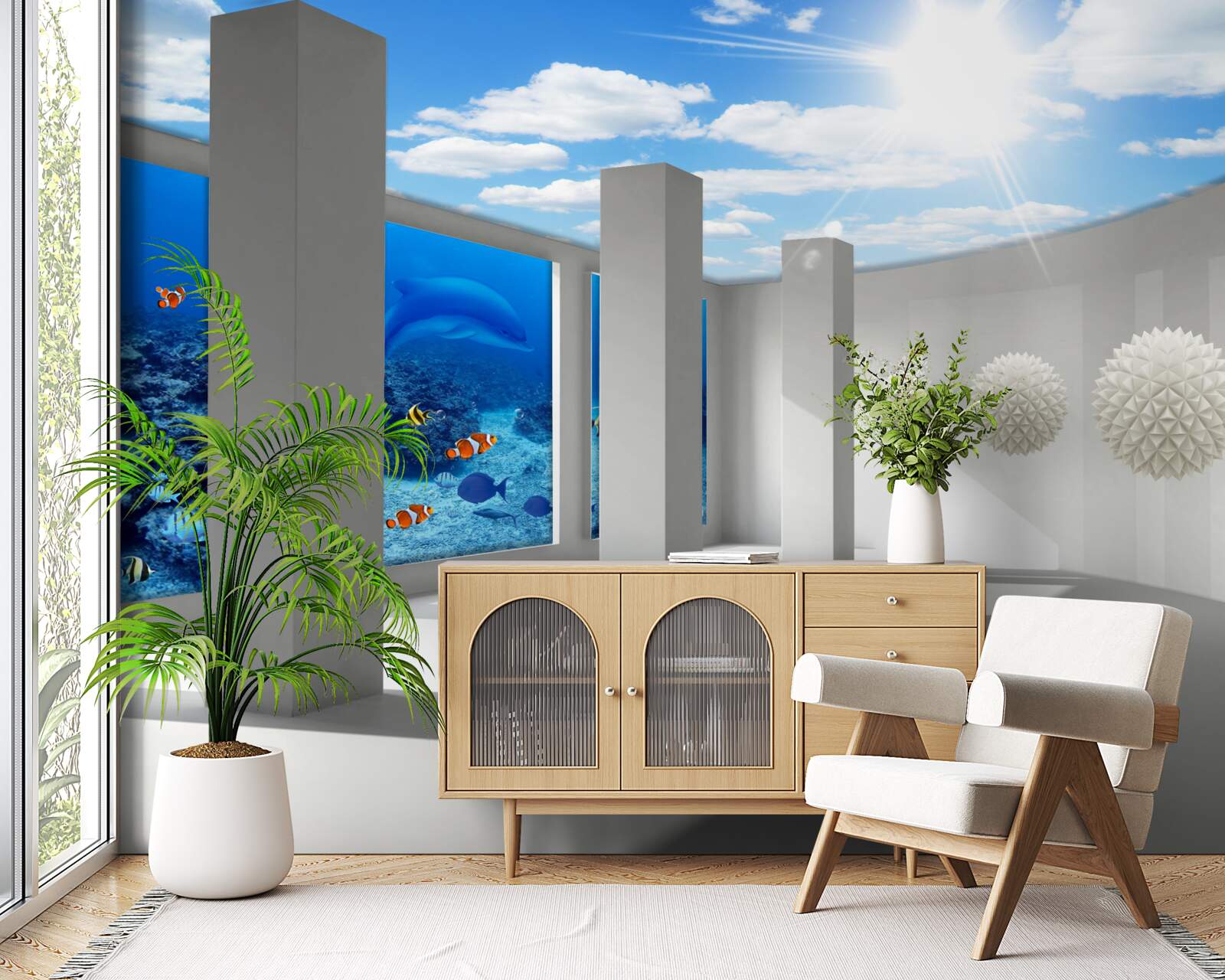 Fototapeta Śnieżnobiałe kule krążą wokół akwarium pod sklepieniem nieba