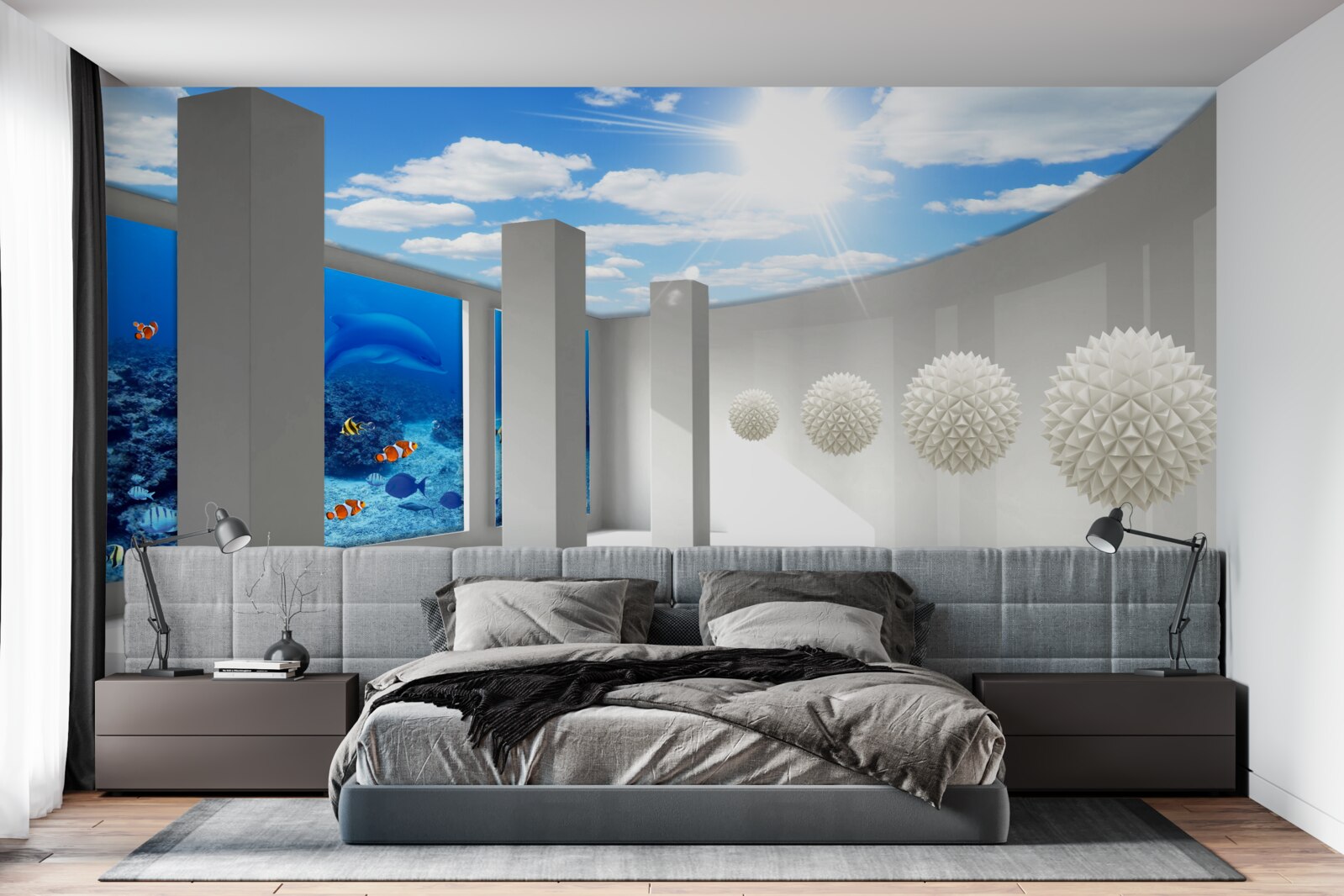 Fototapeta Śnieżnobiałe kule krążą wokół akwarium pod sklepieniem nieba