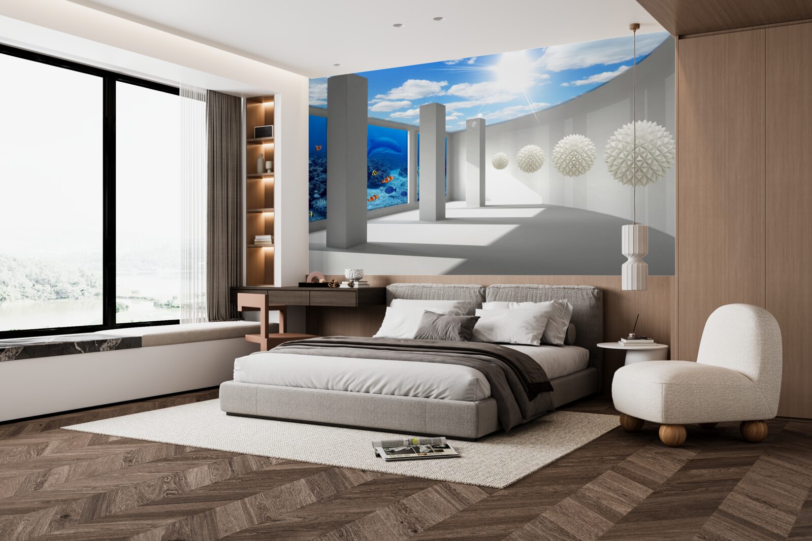 Fototapeta Śnieżnobiałe kule krążą wokół akwarium pod sklepieniem nieba