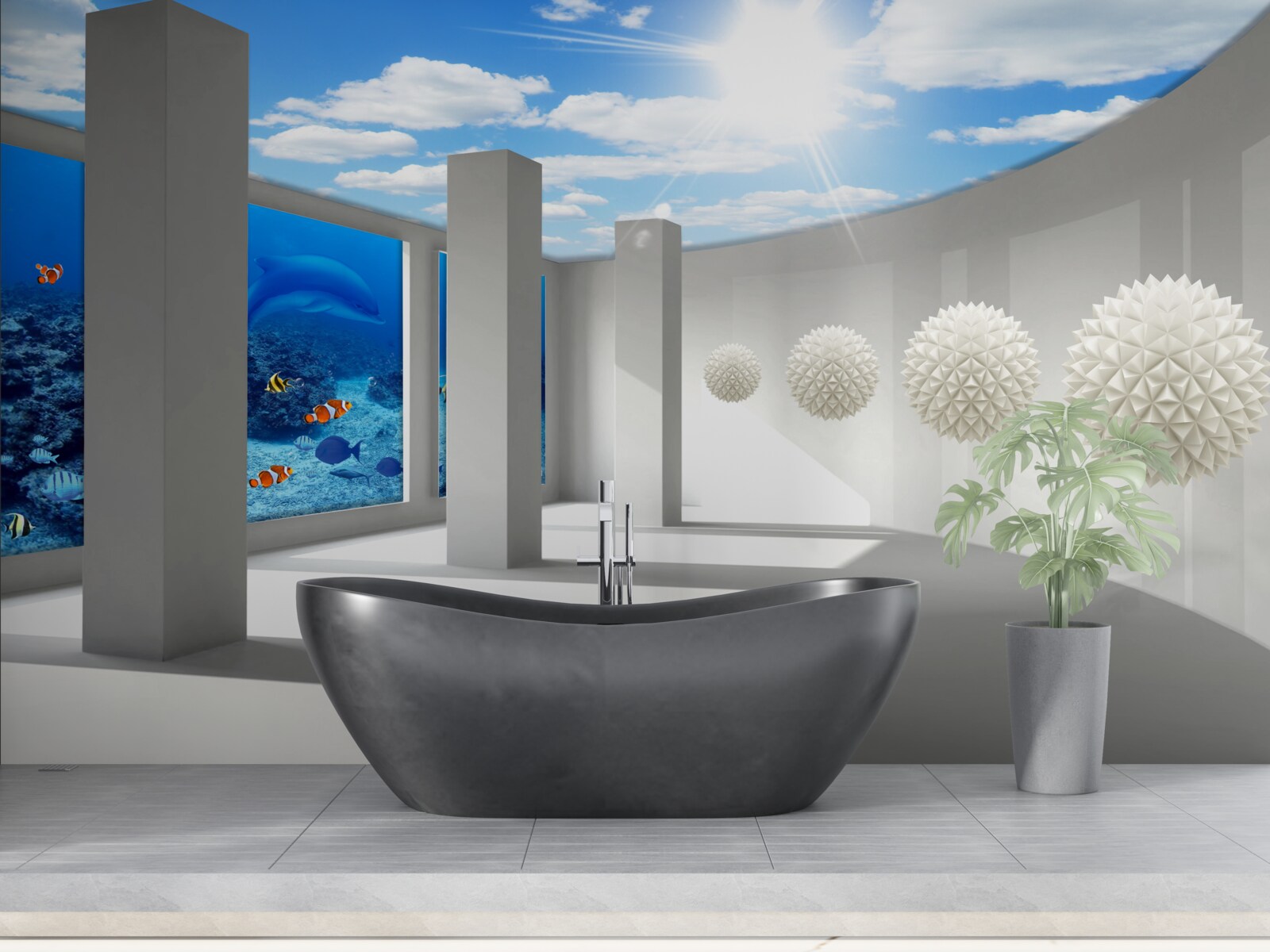 Fototapeta Śnieżnobiałe kule krążą wokół akwarium pod sklepieniem nieba
