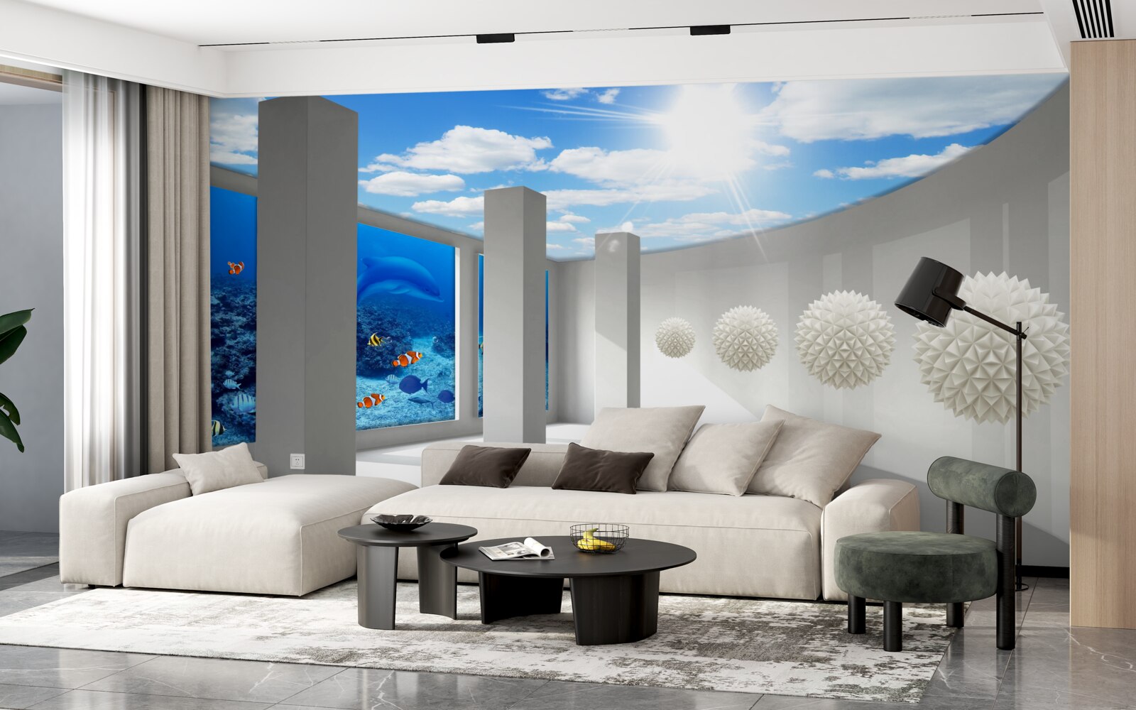 Fototapeta Śnieżnobiałe kule krążą wokół akwarium pod sklepieniem nieba