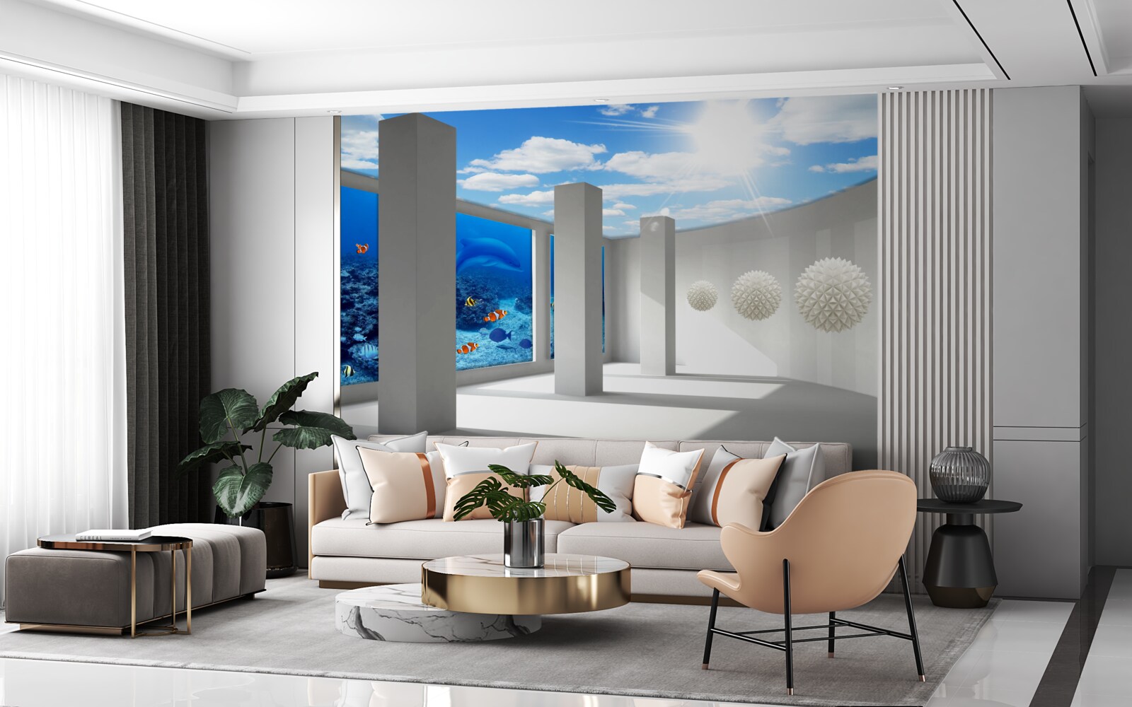 Fototapeta Śnieżnobiałe kule krążą wokół akwarium pod sklepieniem nieba