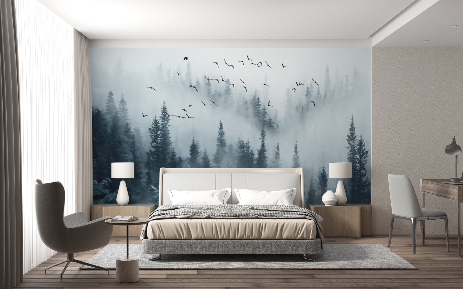 Fototapeta las otoczony mgłą pozostaje pod latającymi ptakami