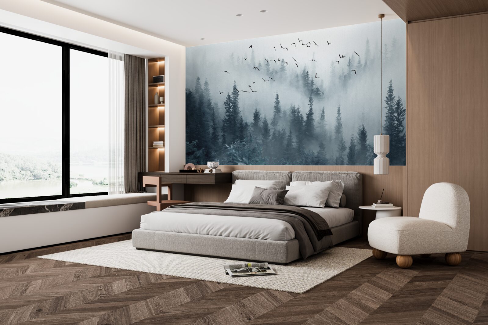 Fototapeta las otoczony mgłą pozostaje pod latającymi ptakami