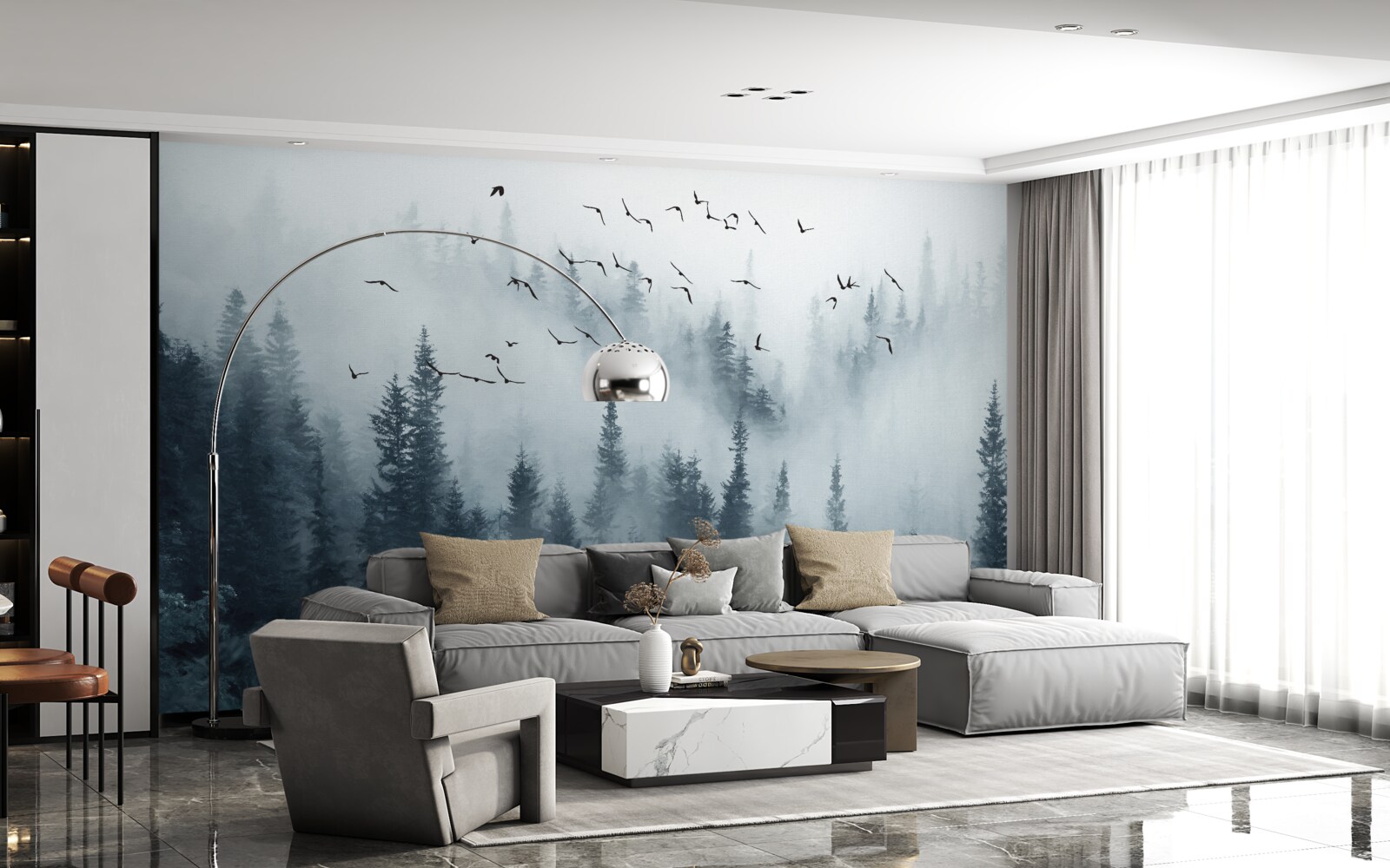 Fototapeta las otoczony mgłą pozostaje pod latającymi ptakami
