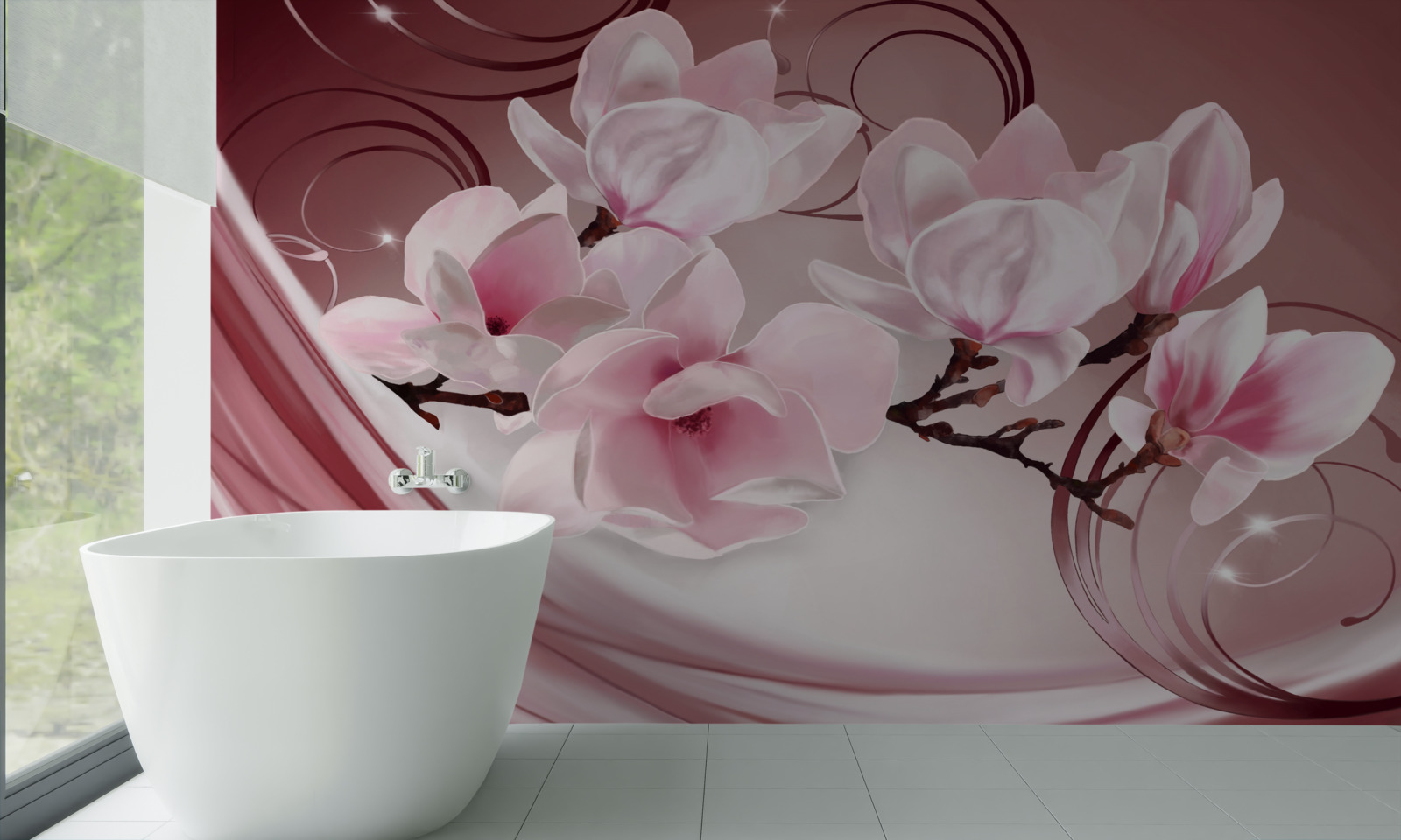 Fototapeta na różowym tle widać duże kwiaty w różowej tonacji