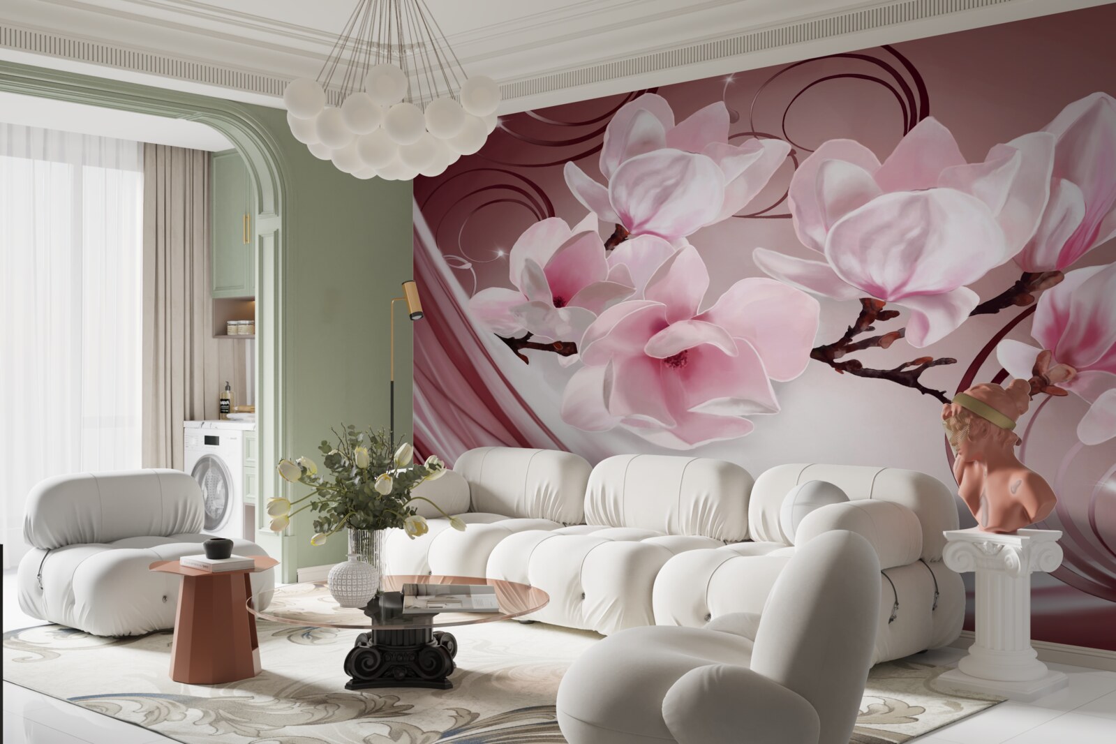 Fototapeta na różowym tle widać duże kwiaty w różowej tonacji