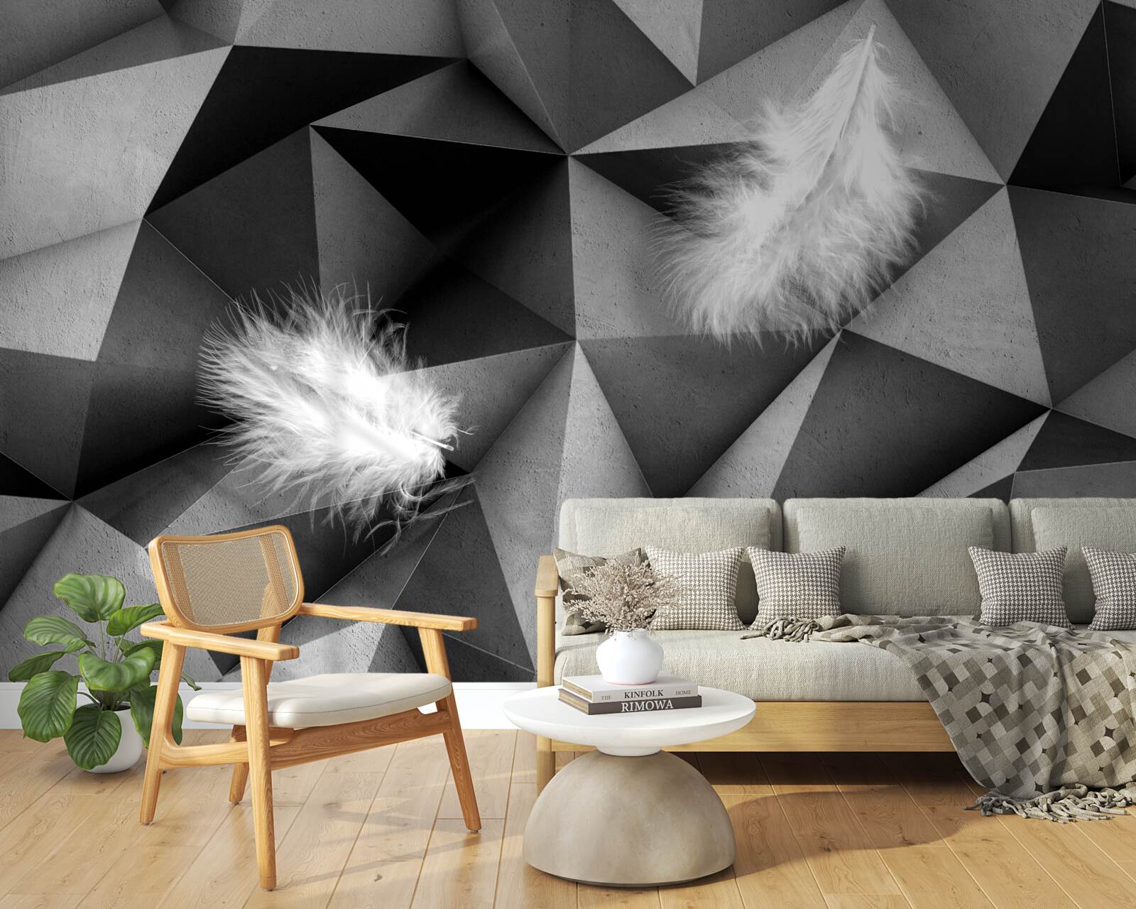 Fototapeta białe pióra i styl kubistyczny