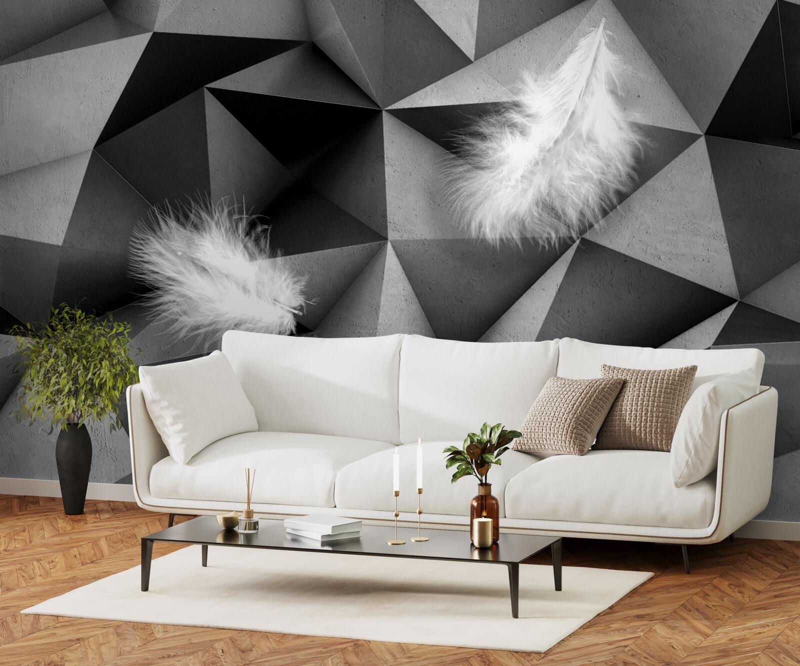 Fototapeta białe pióra i styl kubistyczny