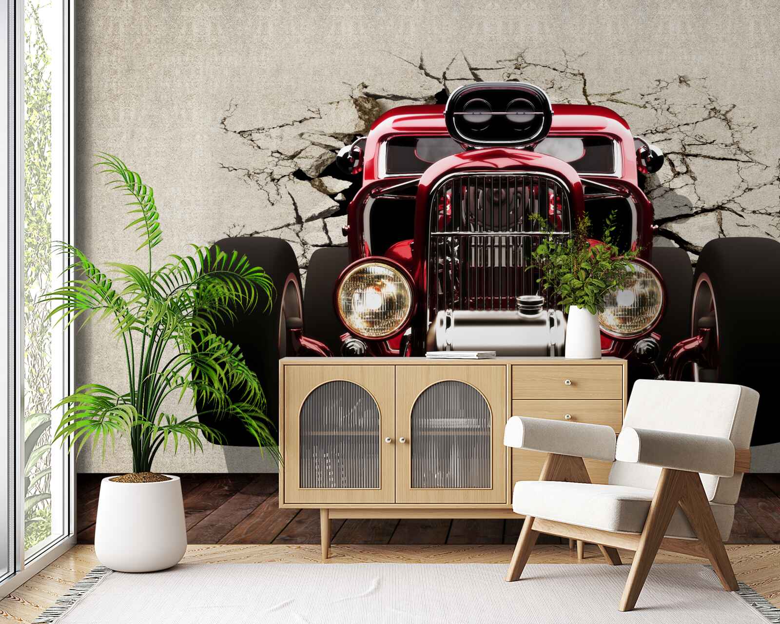 Fototapeta ze ściany wyjeżdża czerwony samochód