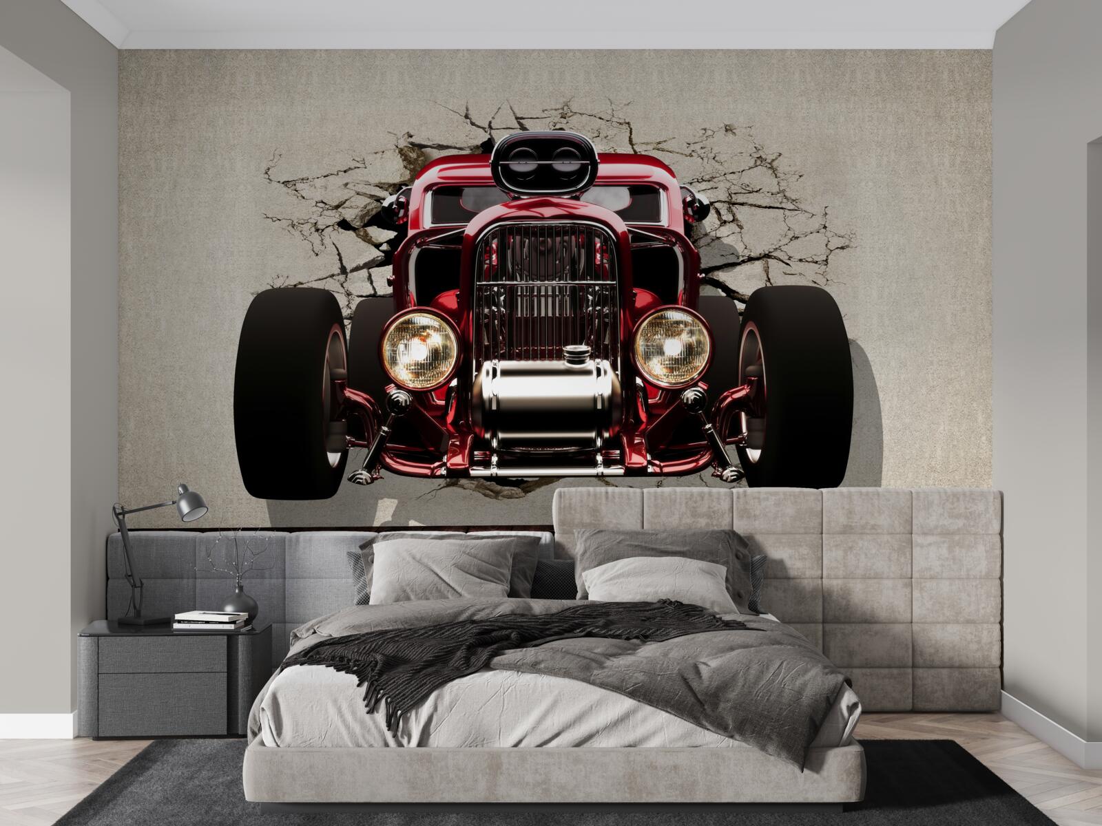 Fototapeta ze ściany wyjeżdża czerwony samochód