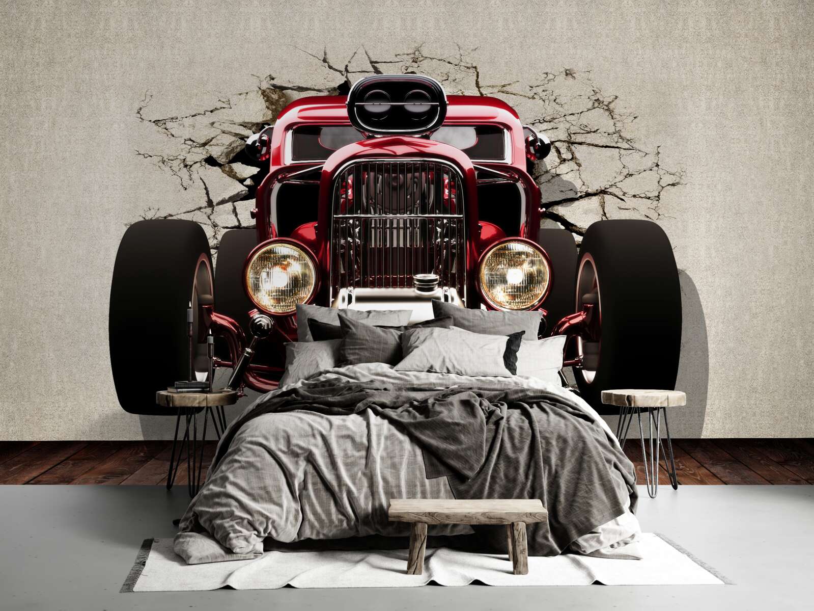 Fototapeta ze ściany wyjeżdża czerwony samochód