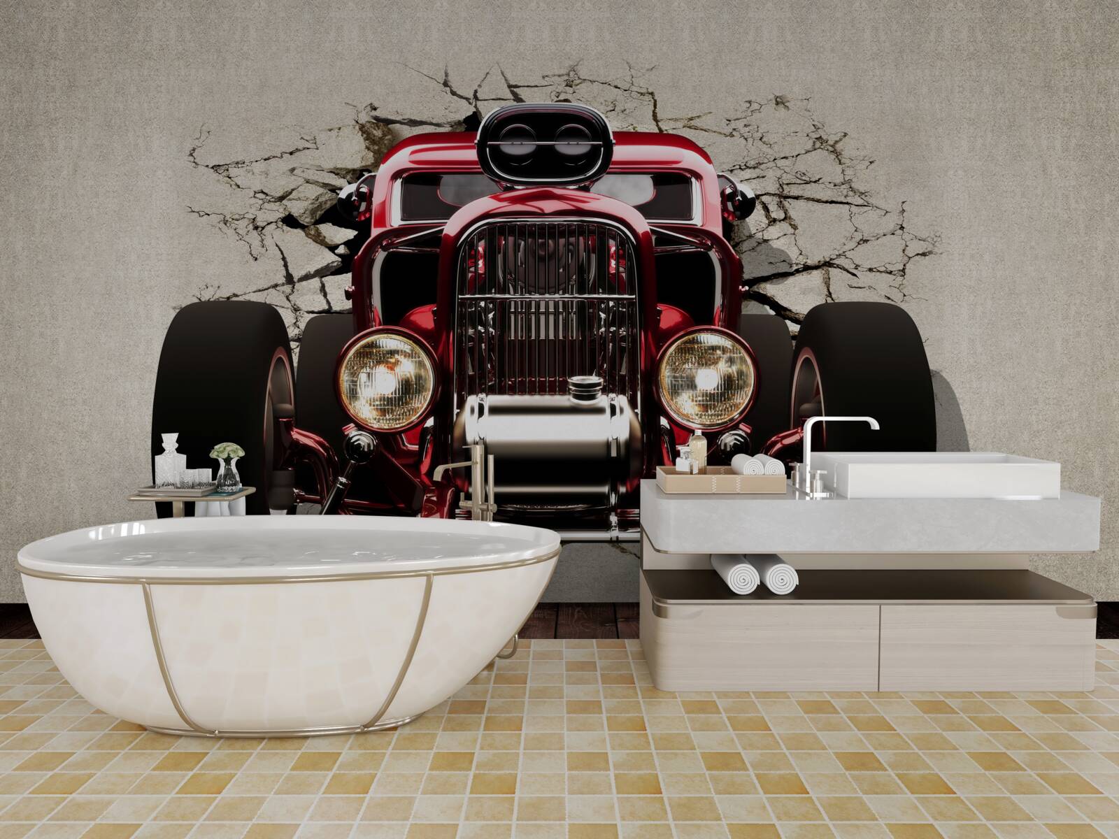 Fototapeta ze ściany wyjeżdża czerwony samochód