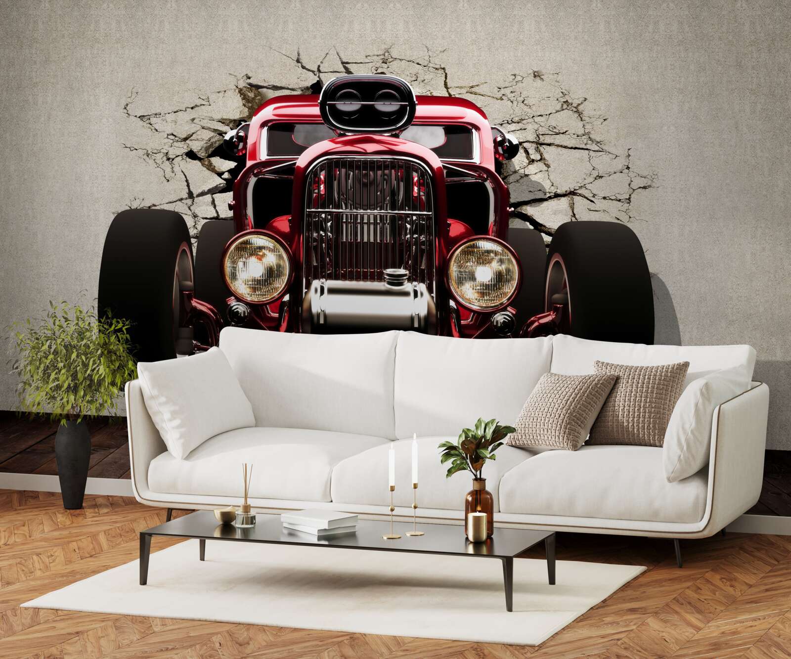 Fototapeta ze ściany wyjeżdża czerwony samochód