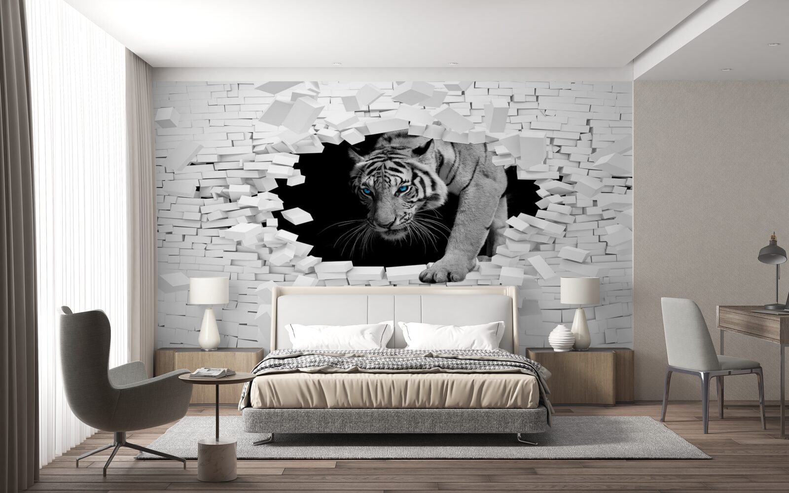 Fototapeta tygrys niszczy ścianę z cegieł
