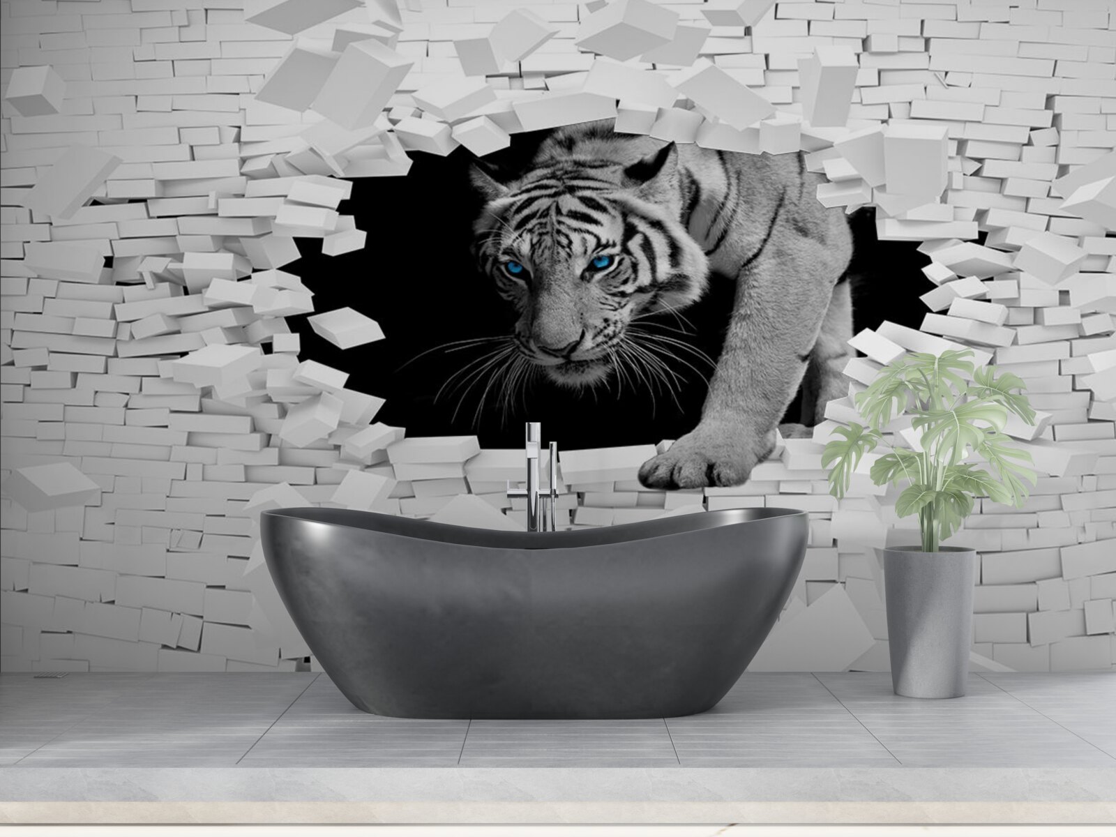 Fototapeta tygrys niszczy ścianę z cegieł