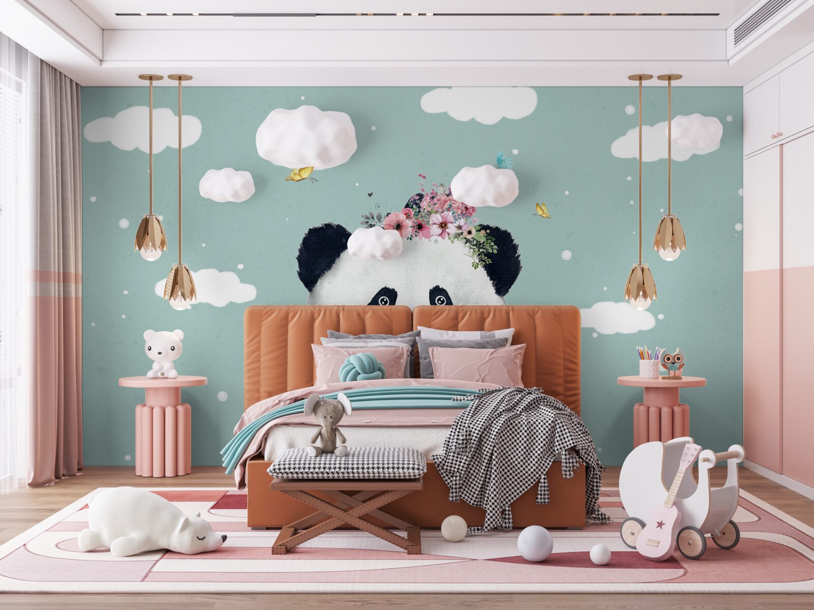 Fototapeta chmury stały się tłem dla pandy z kwiatami