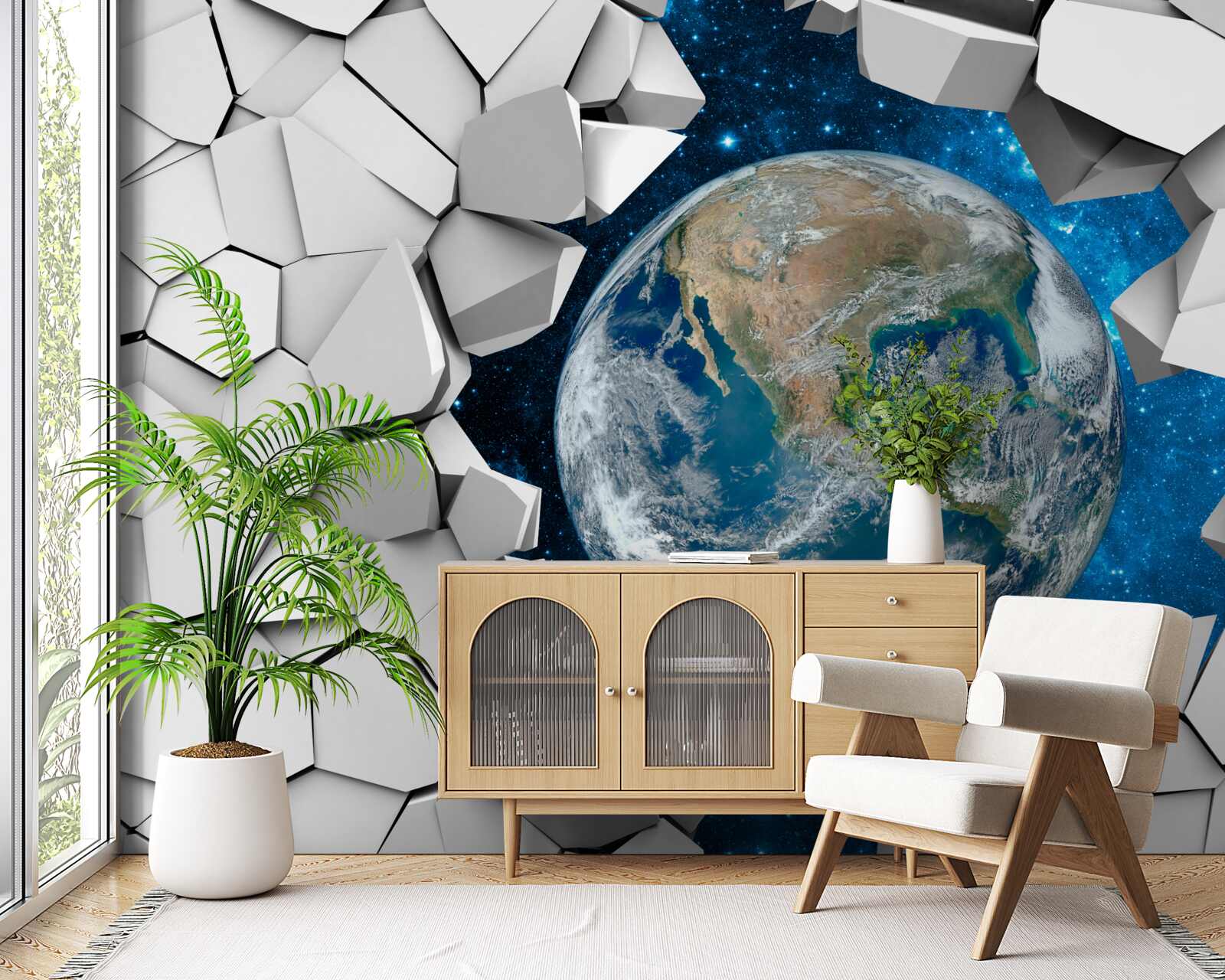 Fototapeta widok na teren przez połamany mur