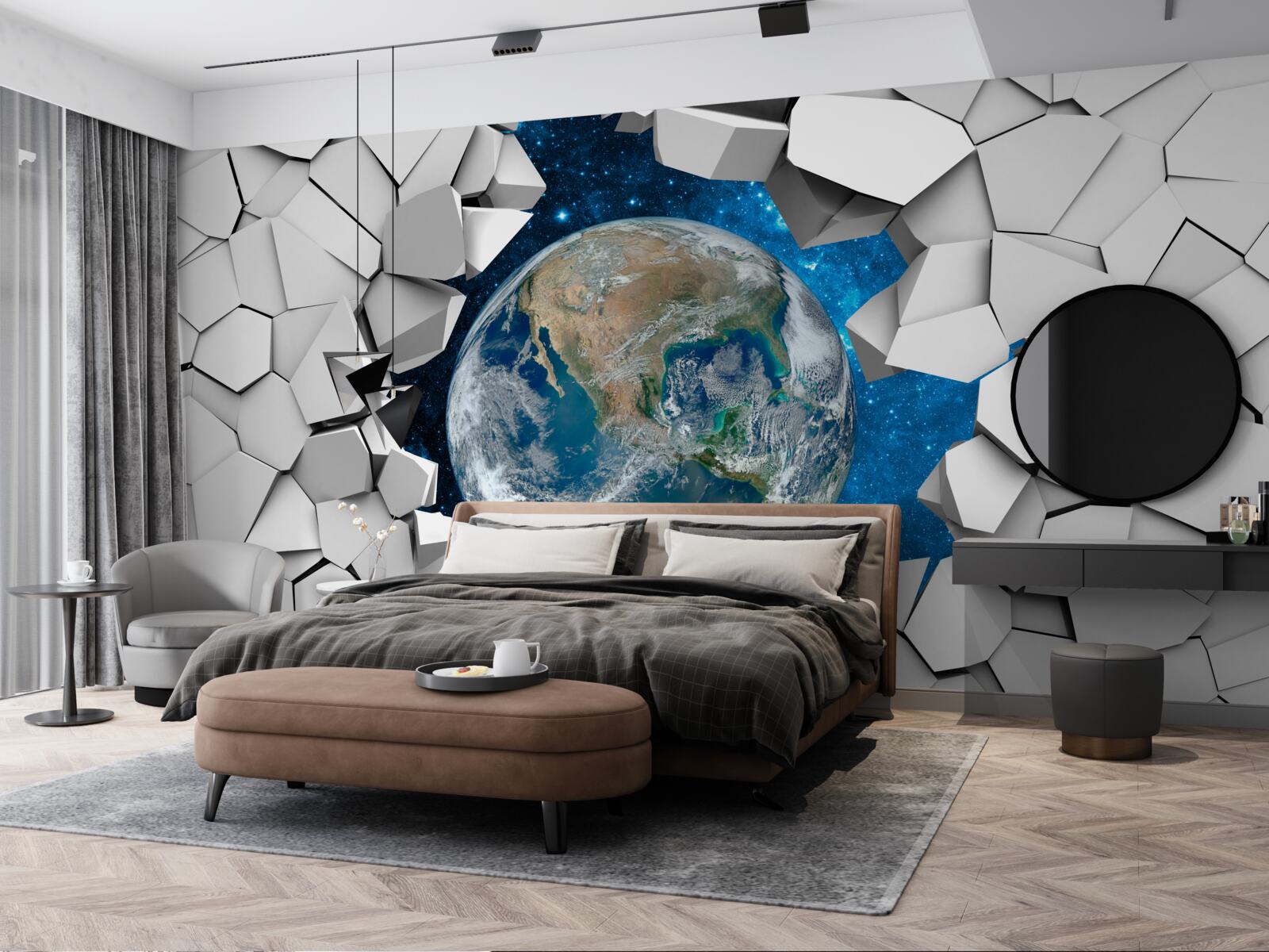 Fototapeta widok na teren przez połamany mur