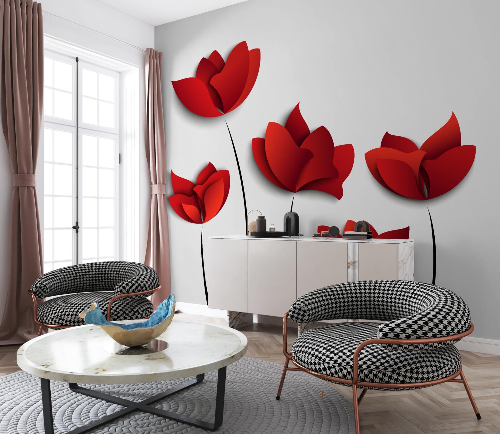 Fototapeta kwiaty o czerwonym odcieniu na tle białej czystości