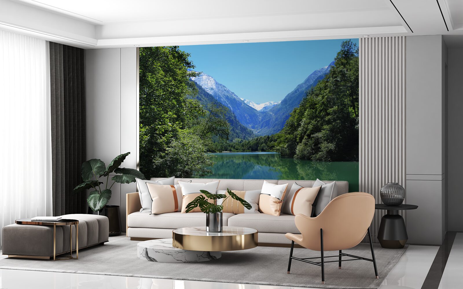 Fototapeta spokojny zbiornik wodny ukryty w gęstym lesie na zboczach gór