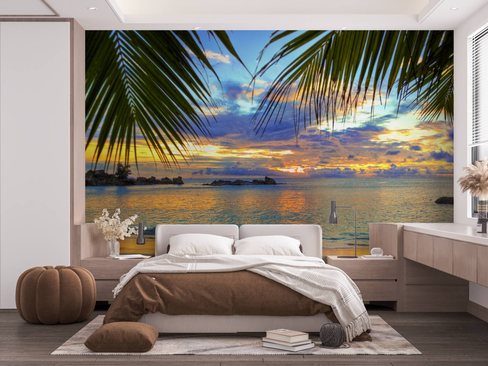 Fototapeta brzeg otoczony jest spokojnym tropikalnym zachodem słońca