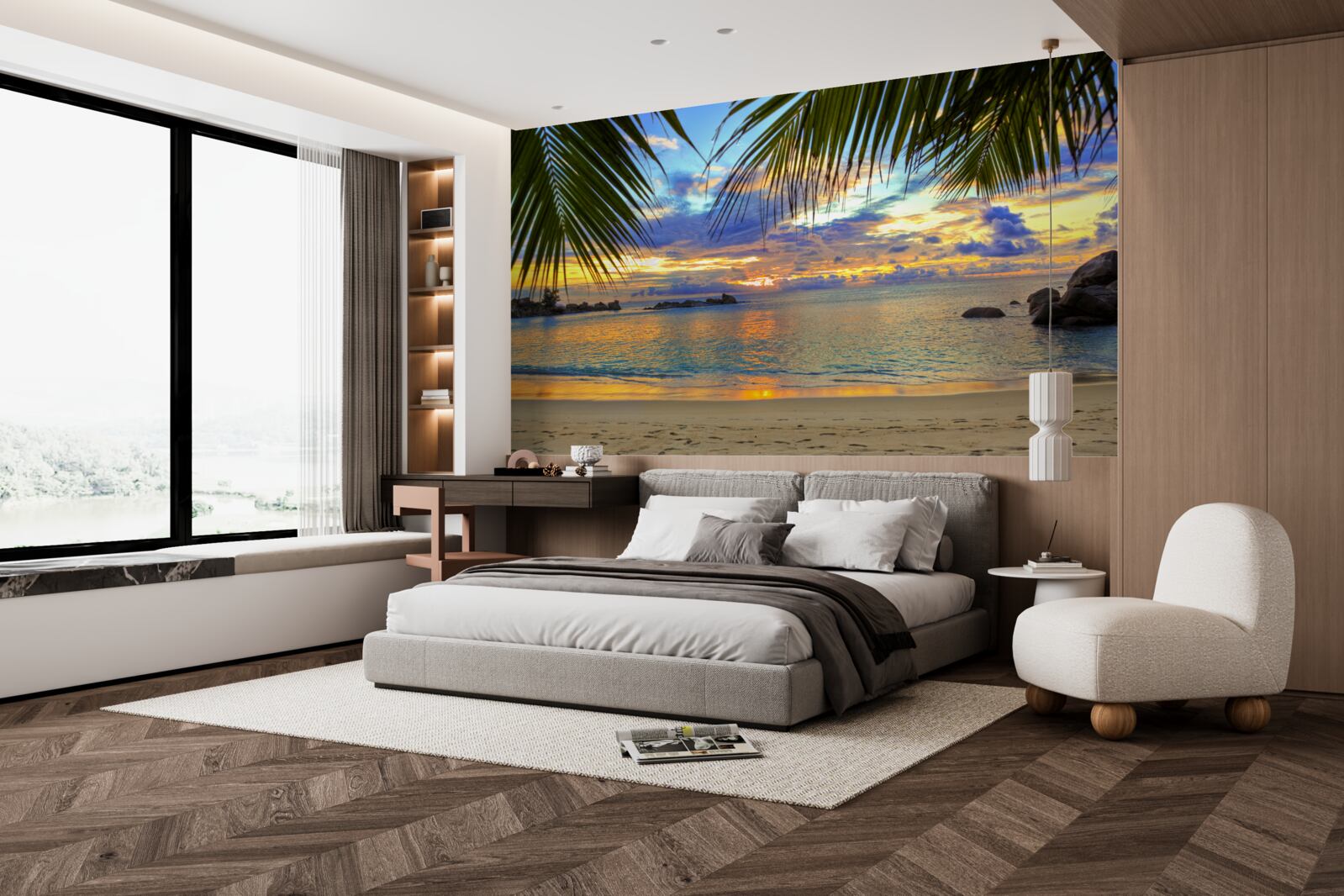 Fototapeta brzeg otoczony jest spokojnym tropikalnym zachodem słońca