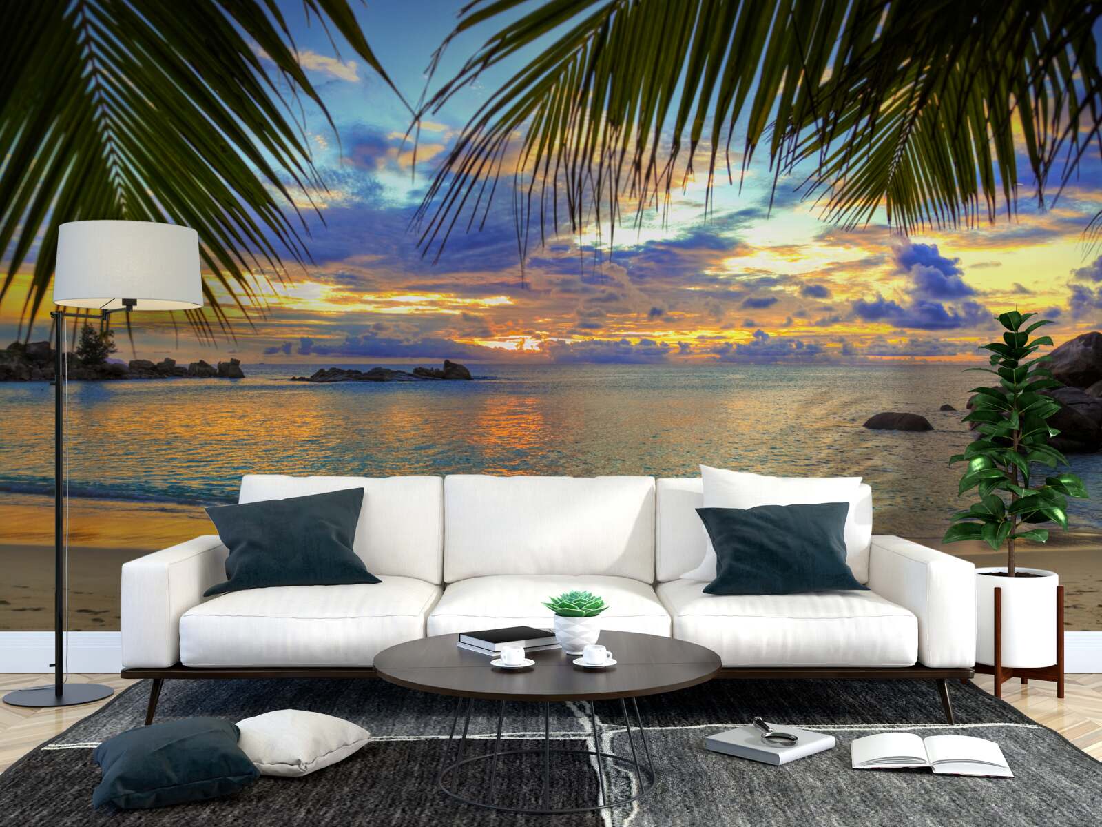 Fototapeta brzeg otoczony jest spokojnym tropikalnym zachodem słońca