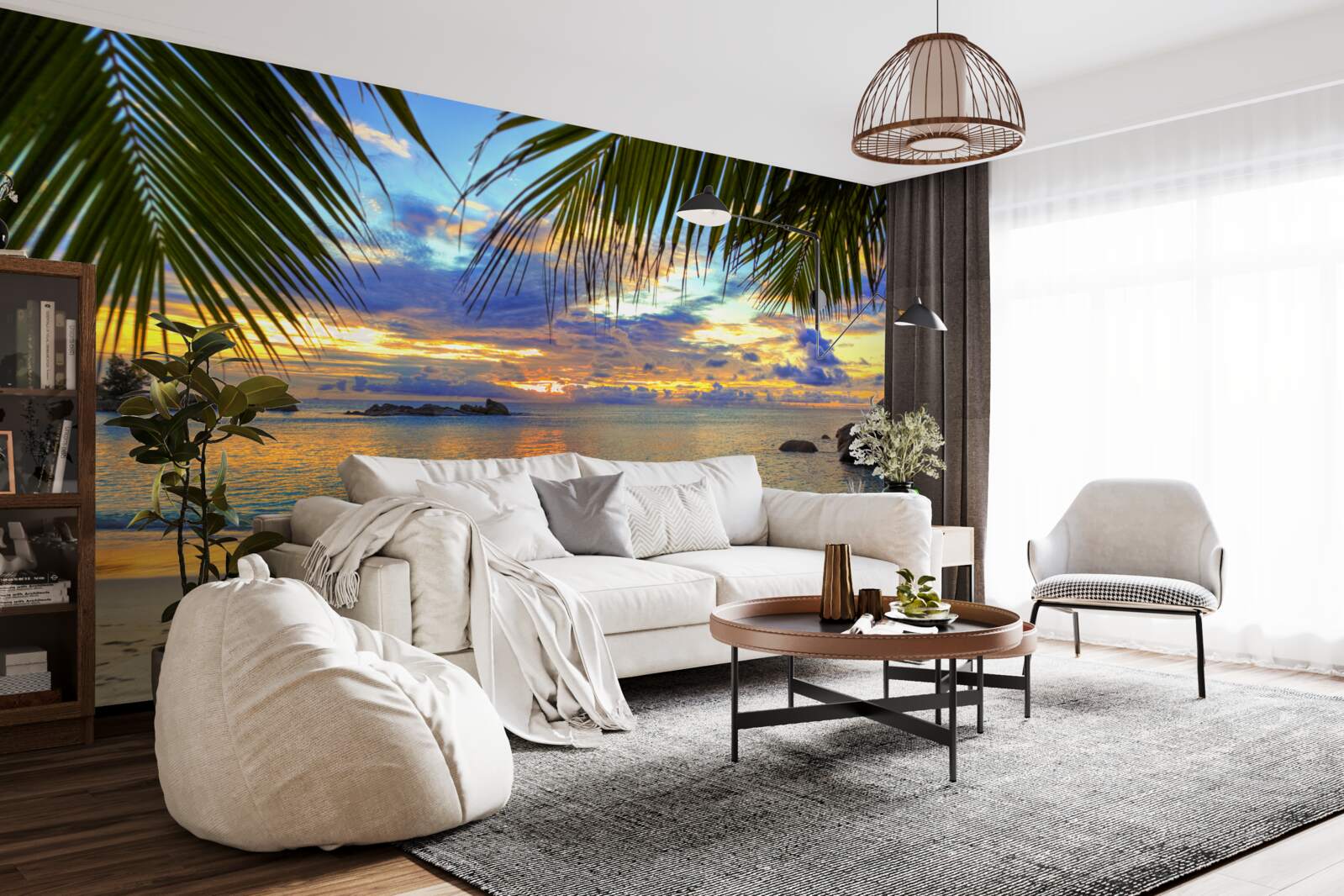 Fototapeta brzeg otoczony jest spokojnym tropikalnym zachodem słońca