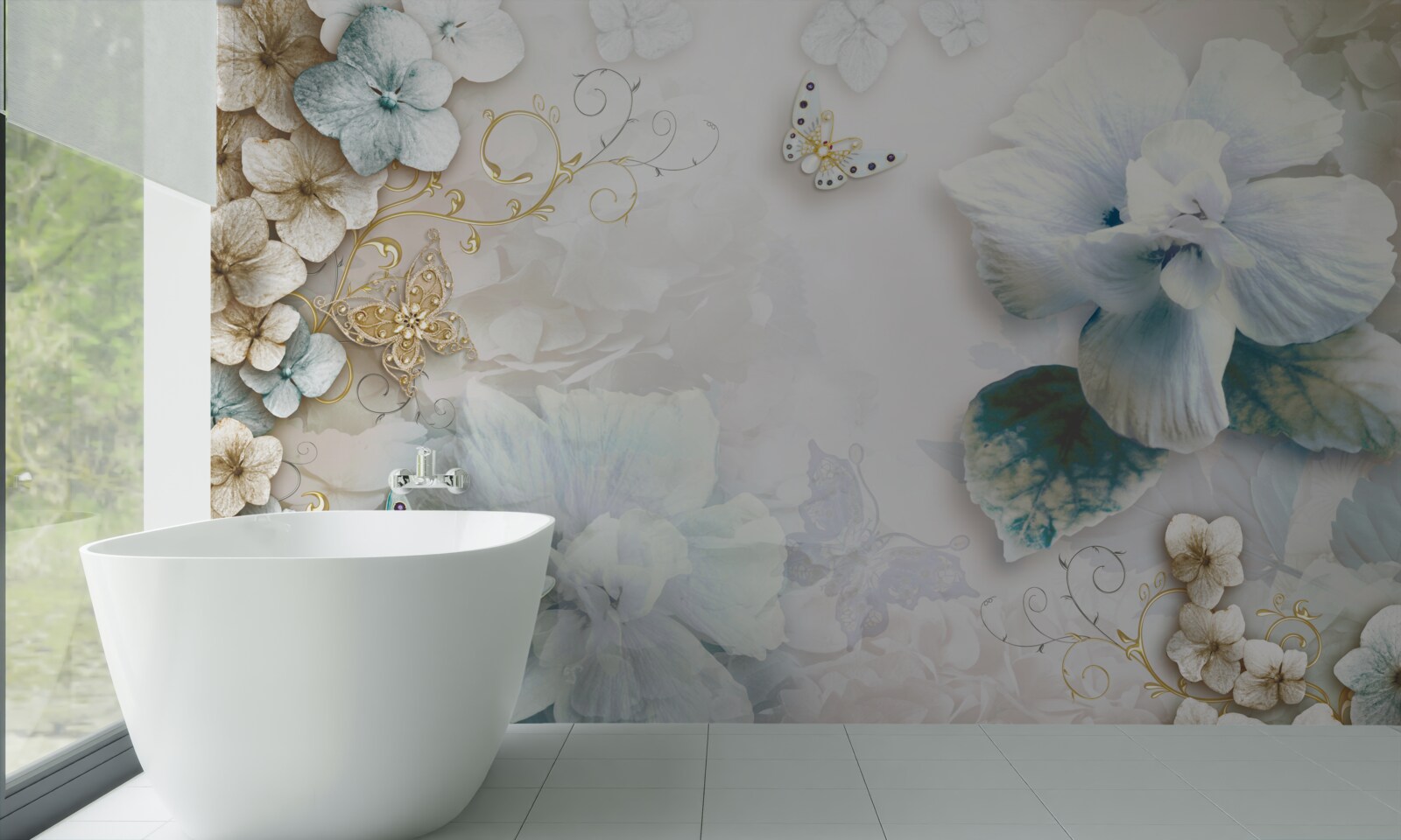 Fototapeta motyle i kwiaty w odcieniach turkusu