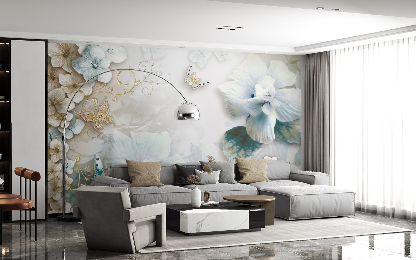 Fototapeta motyle i kwiaty w odcieniach turkusu