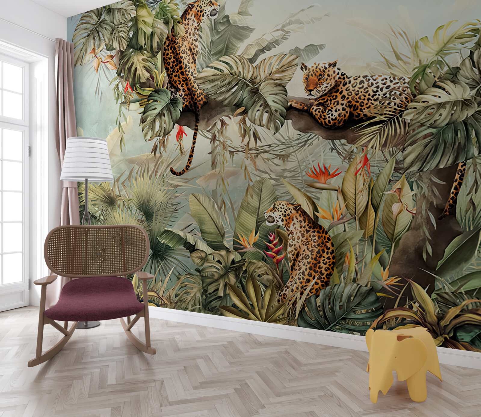 Fototapeta o świcie lamparty chronią się na drzewie