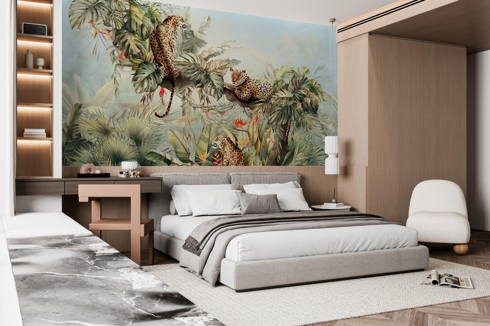 Fototapeta o świcie lamparty chronią się na drzewie