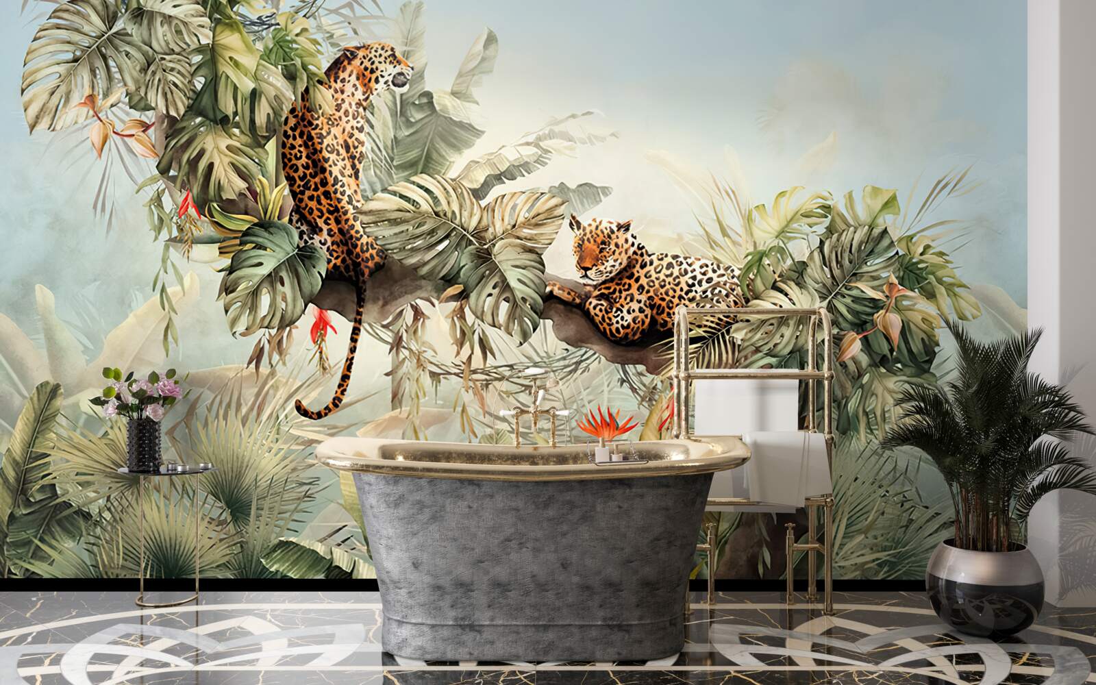 Fototapeta o świcie lamparty chronią się na drzewie