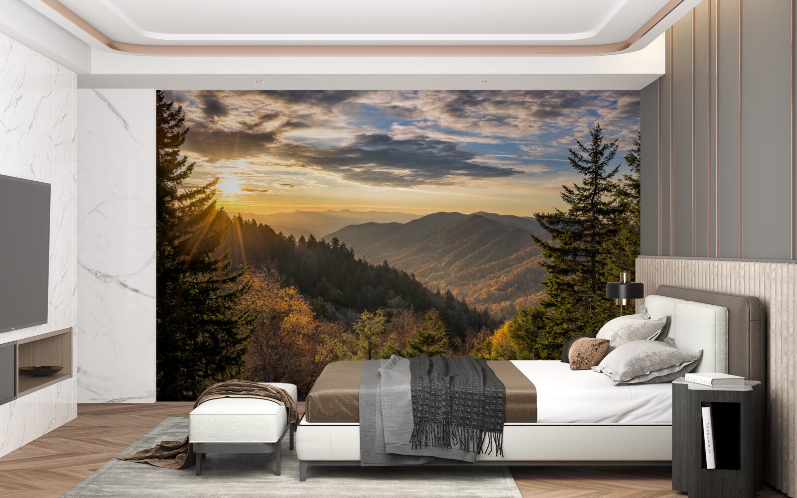 Fototapeta zachodzące słońce nad górskimi szczytami