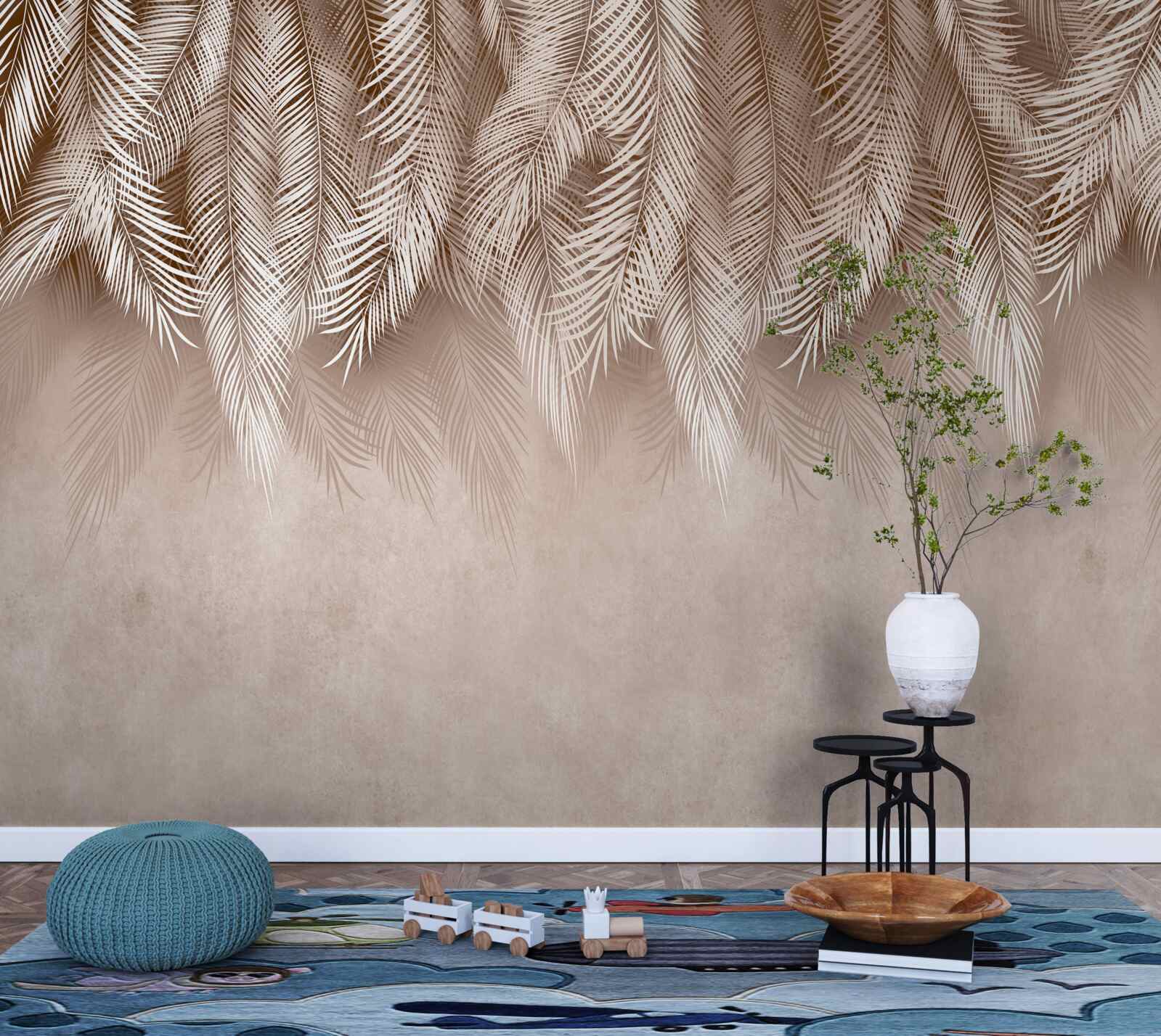 Fototapeta różowe tło ozdobione jest białymi liśćmi palmowymi