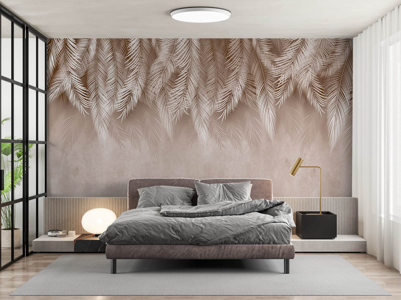 Fototapeta różowe tło ozdobione jest białymi liśćmi palmowymi