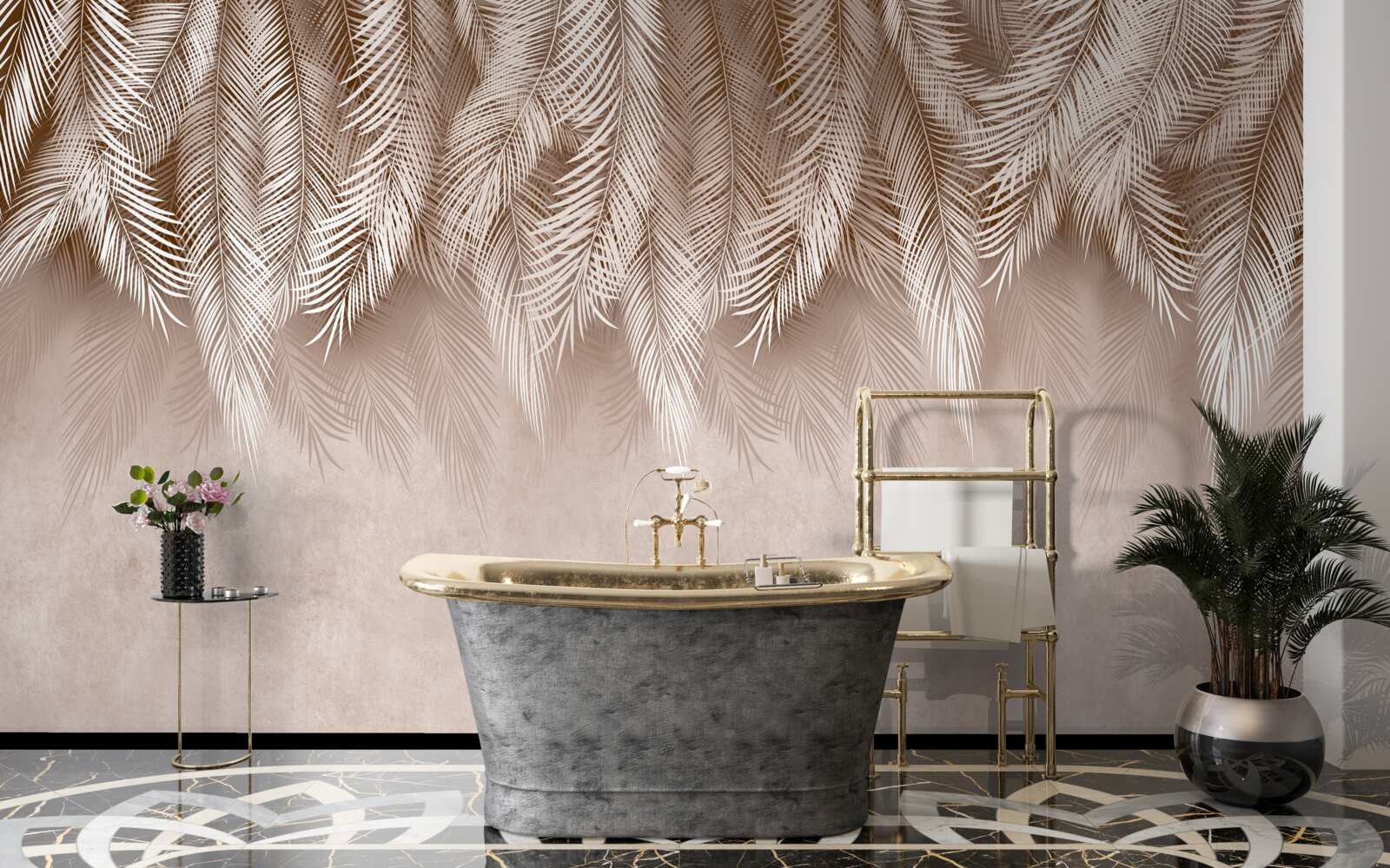 Fototapeta różowe tło ozdobione jest białymi liśćmi palmowymi