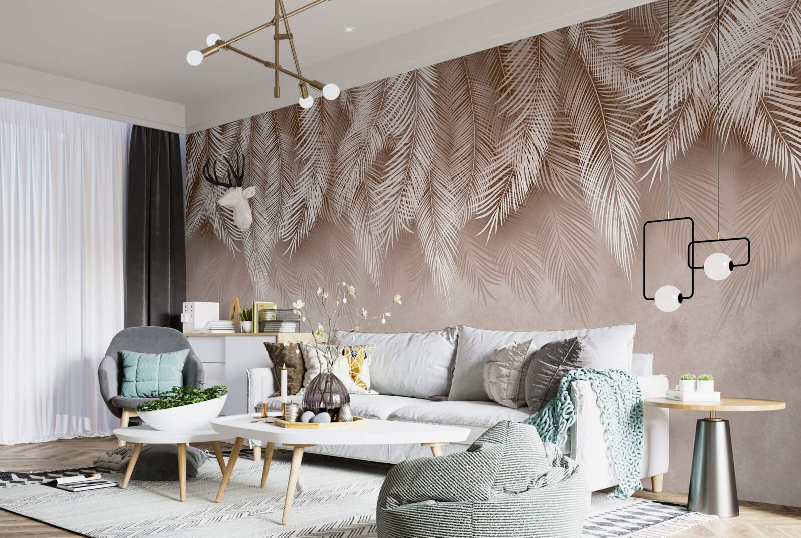 Fototapeta różowe tło ozdobione jest białymi liśćmi palmowymi