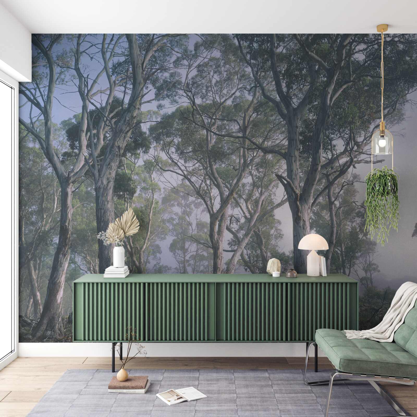 Fototapeta poranek budzi się w mglistym lesie