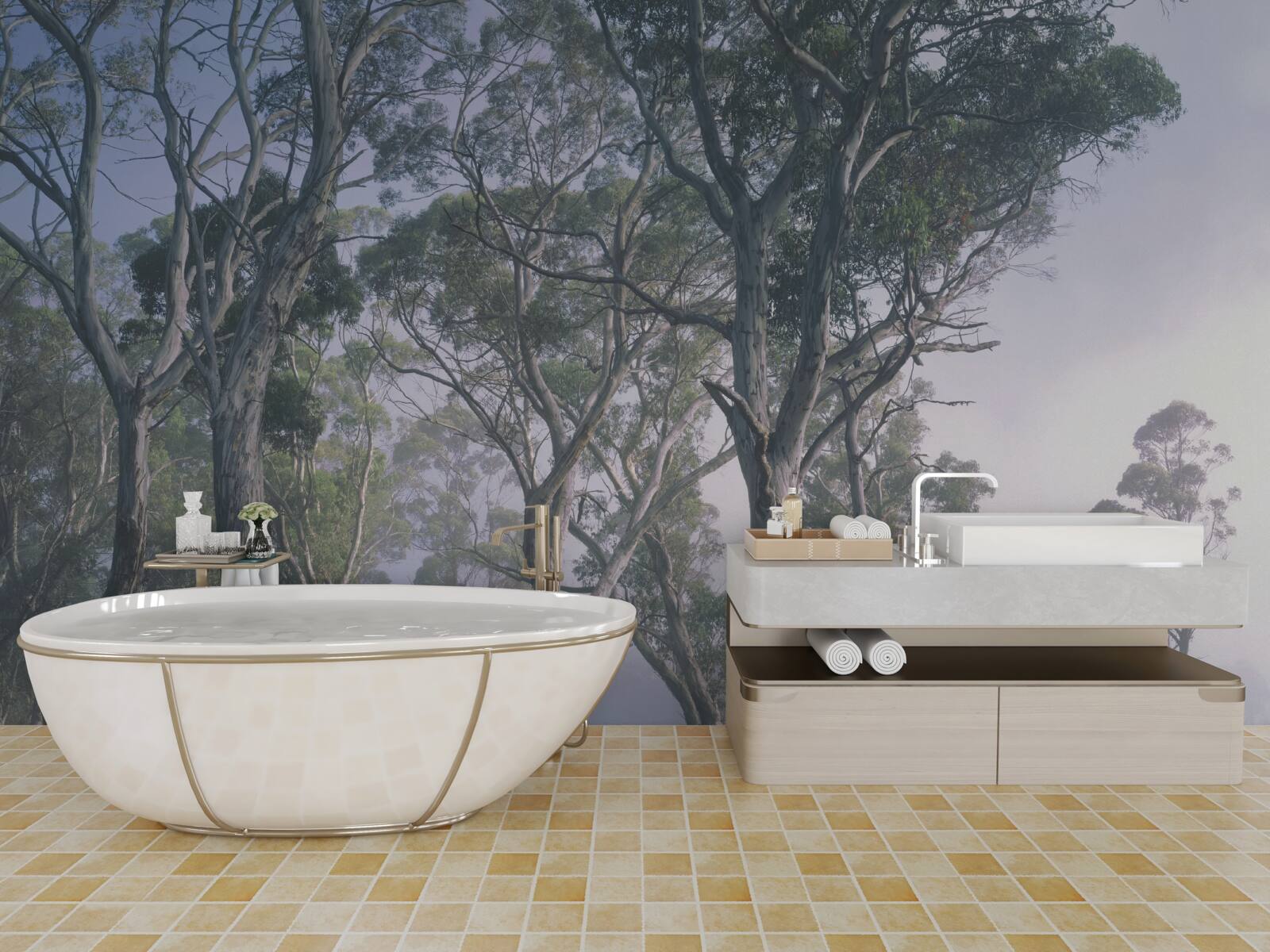 Fototapeta poranek budzi się w mglistym lesie